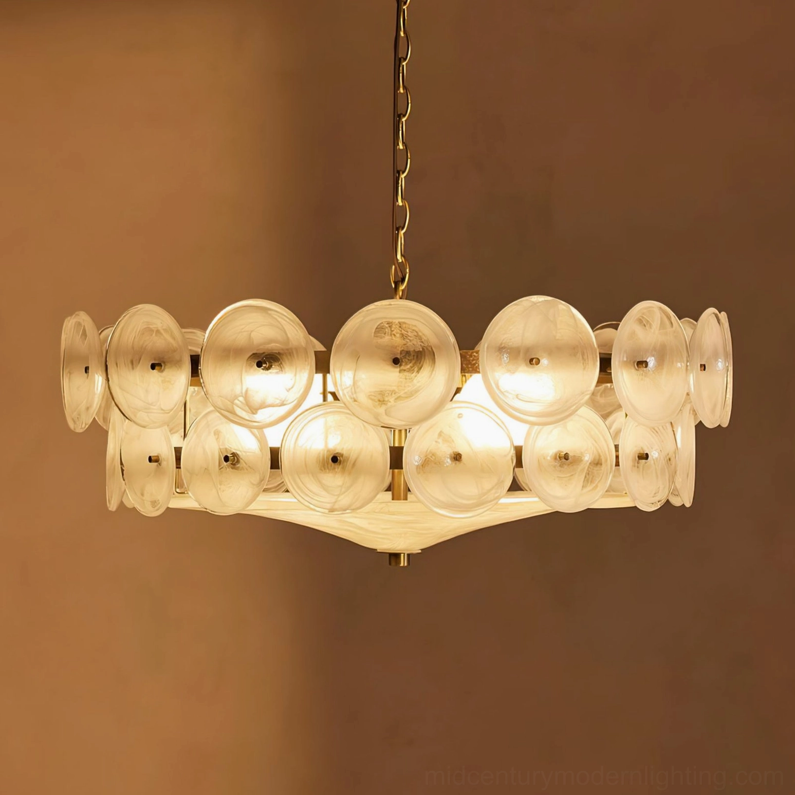 Lorenzo mid-century modern glass disc chandelier overhead installation detail with mounting hardware