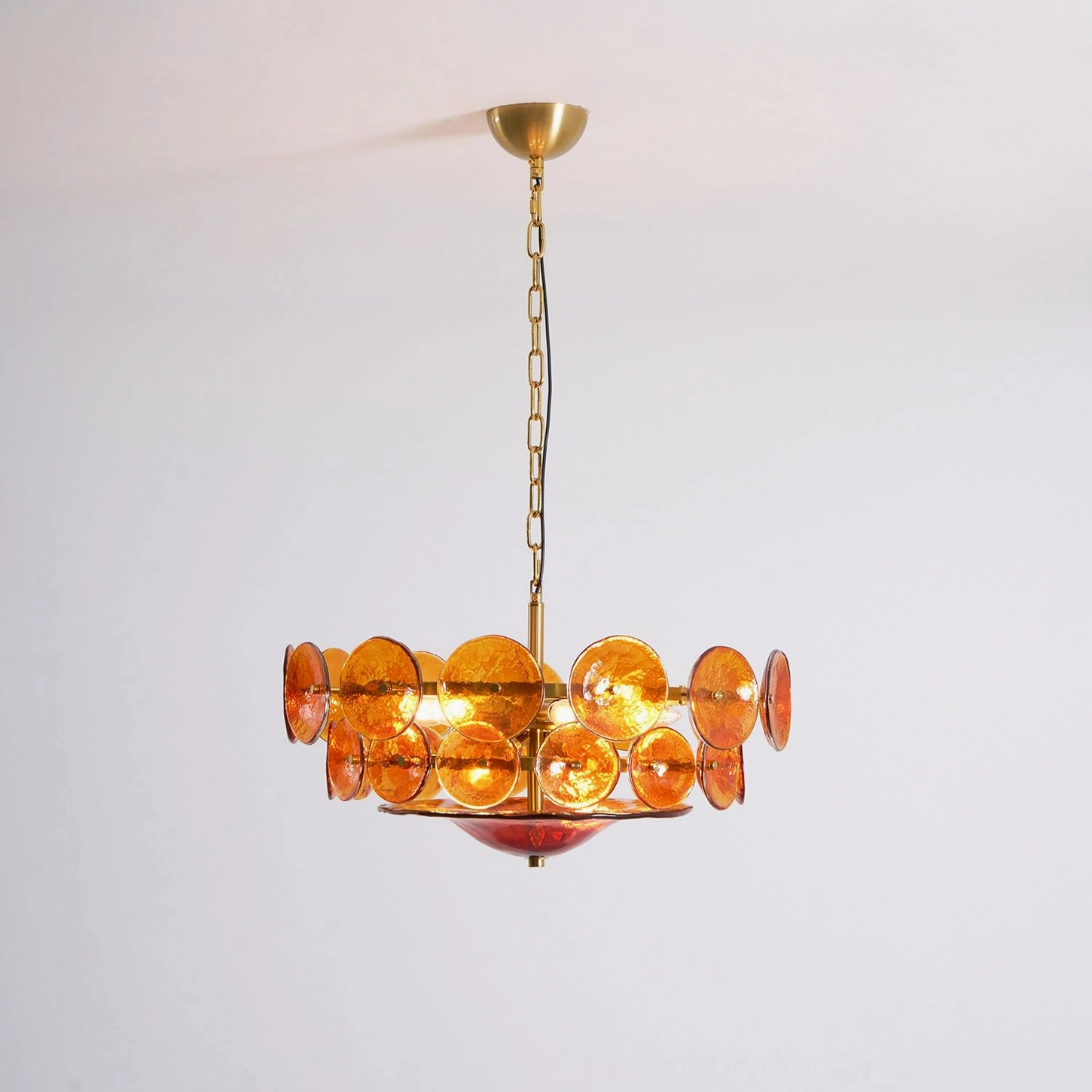 Lorenzo Murano-style glass disc chandelier overhead view with all bulbs illuminated