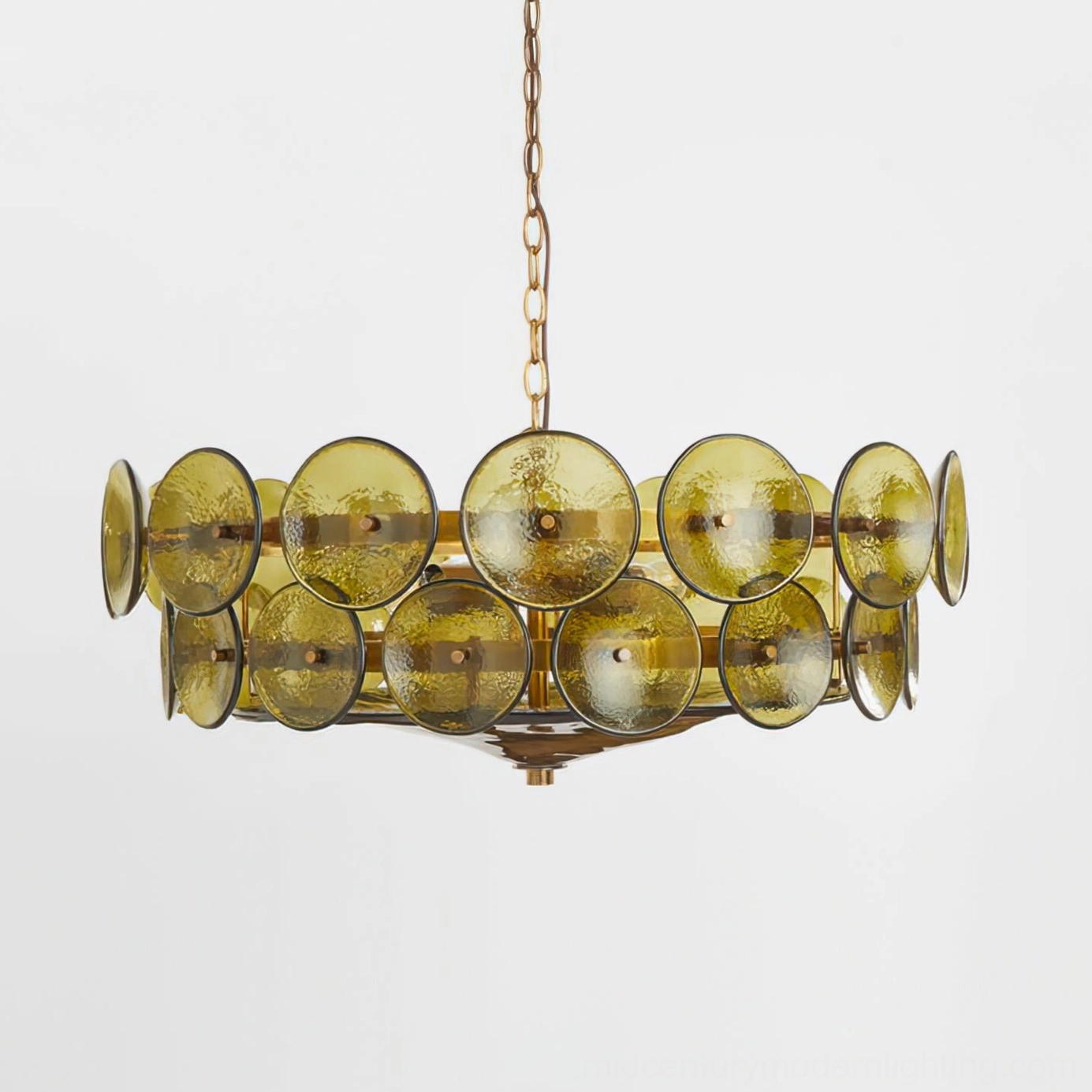 Lorenzo chandelier side profile showing geometric glass disc arrangement and frame proportion