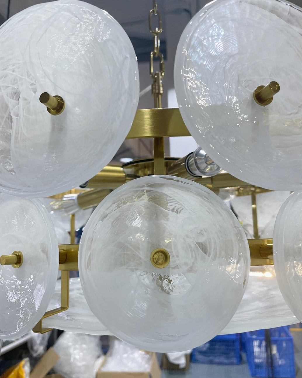 Lorenzo mid-century modern glass disc chandelier unboxed showing complete fixture and components