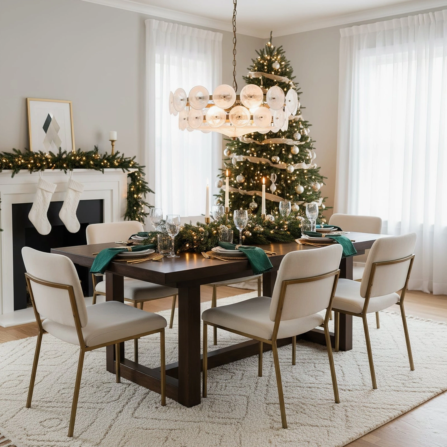 White soft Lorenzo chandelier in festive dining space with Christmas tree and gold-legged dining chairs