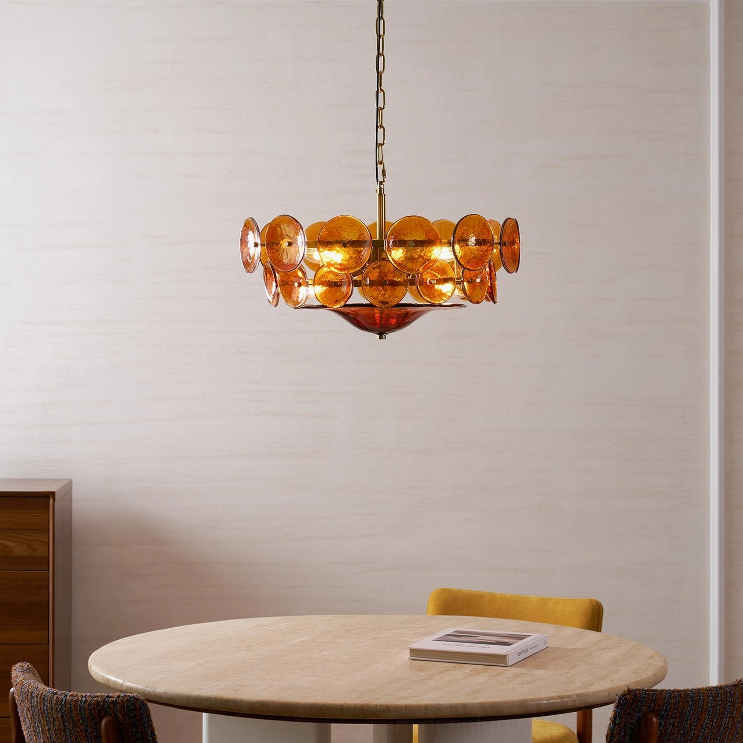 Soft white Lorenzo glass disc chandelier installed in contemporary minimalist interior design space