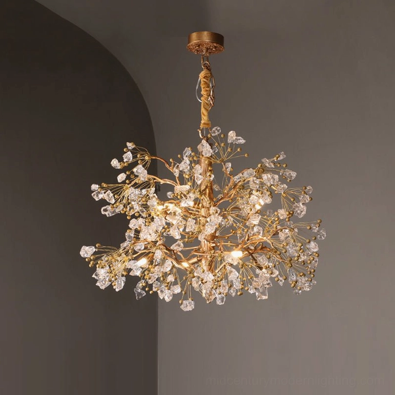 Antique brass chandelier showing glass berry light diffusion