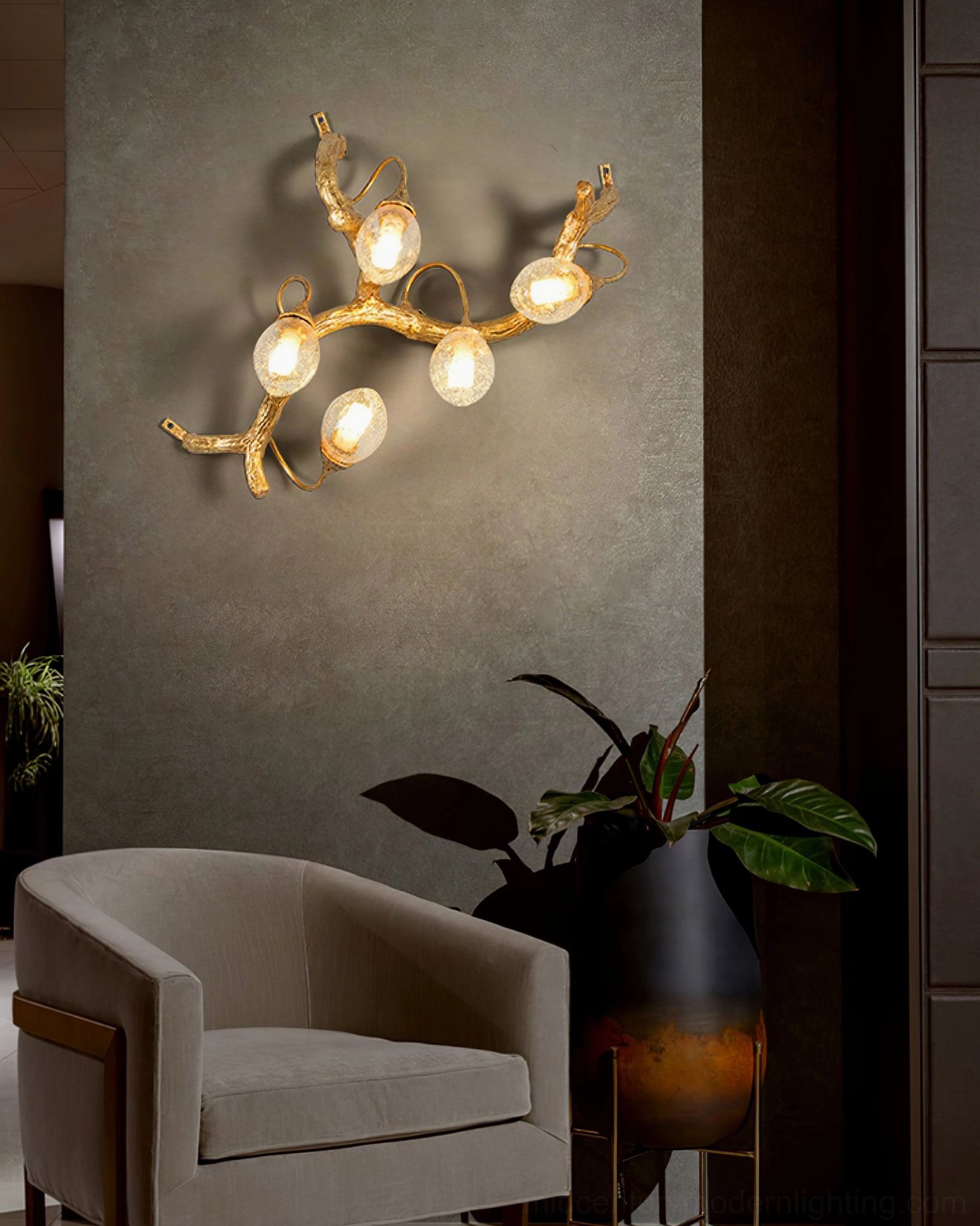 Lotus brass wall lamp with five light fixtures in modern living room with grey accent wall