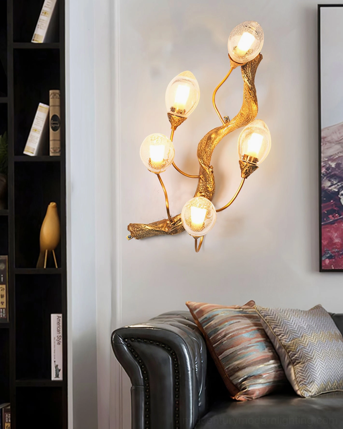 Lotus brass wall lamp modern living room setting with leather sofa and bookshelf styling