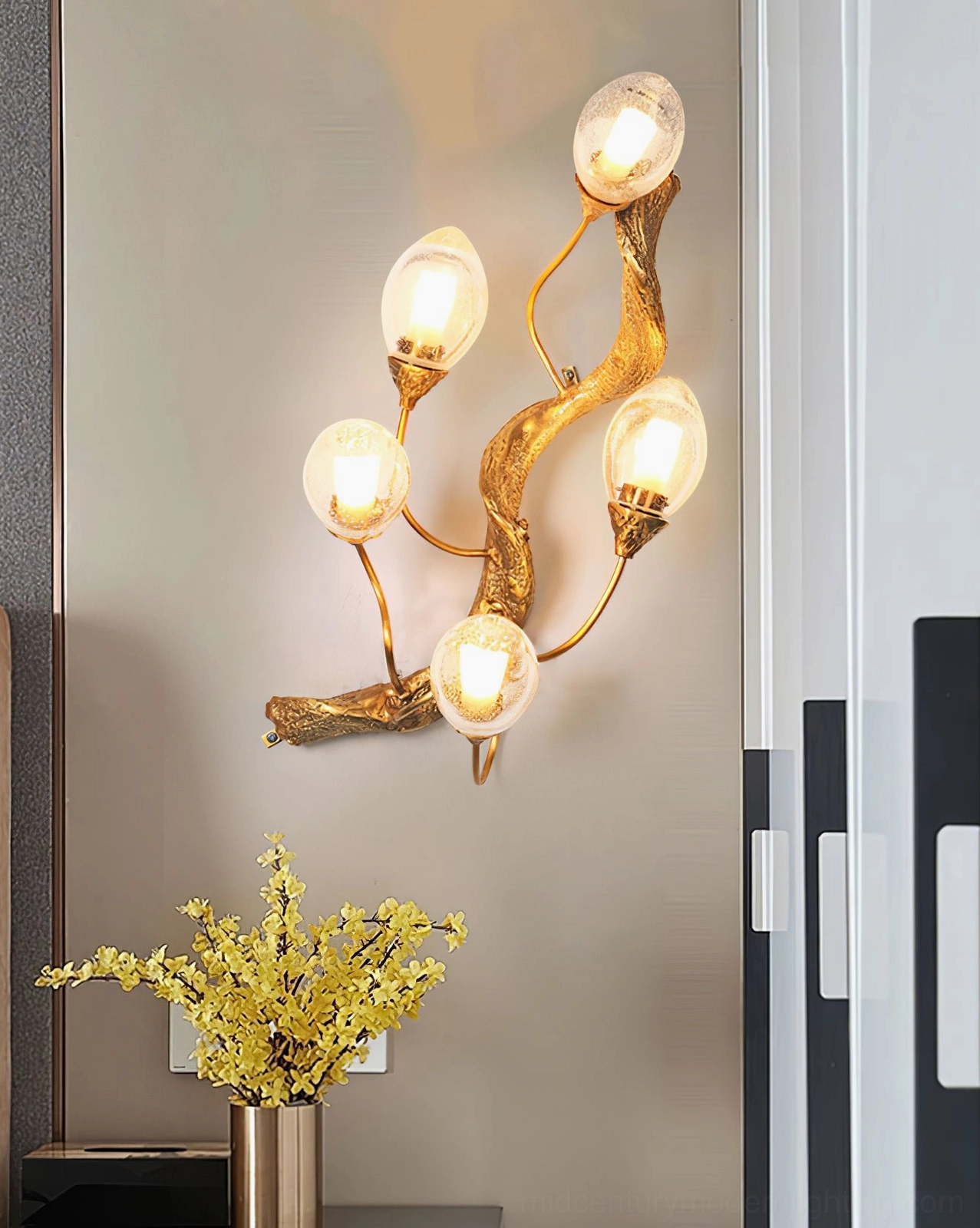 Lotus brass wall lamp mid-century modern sculptural wall lighting fixture profile view