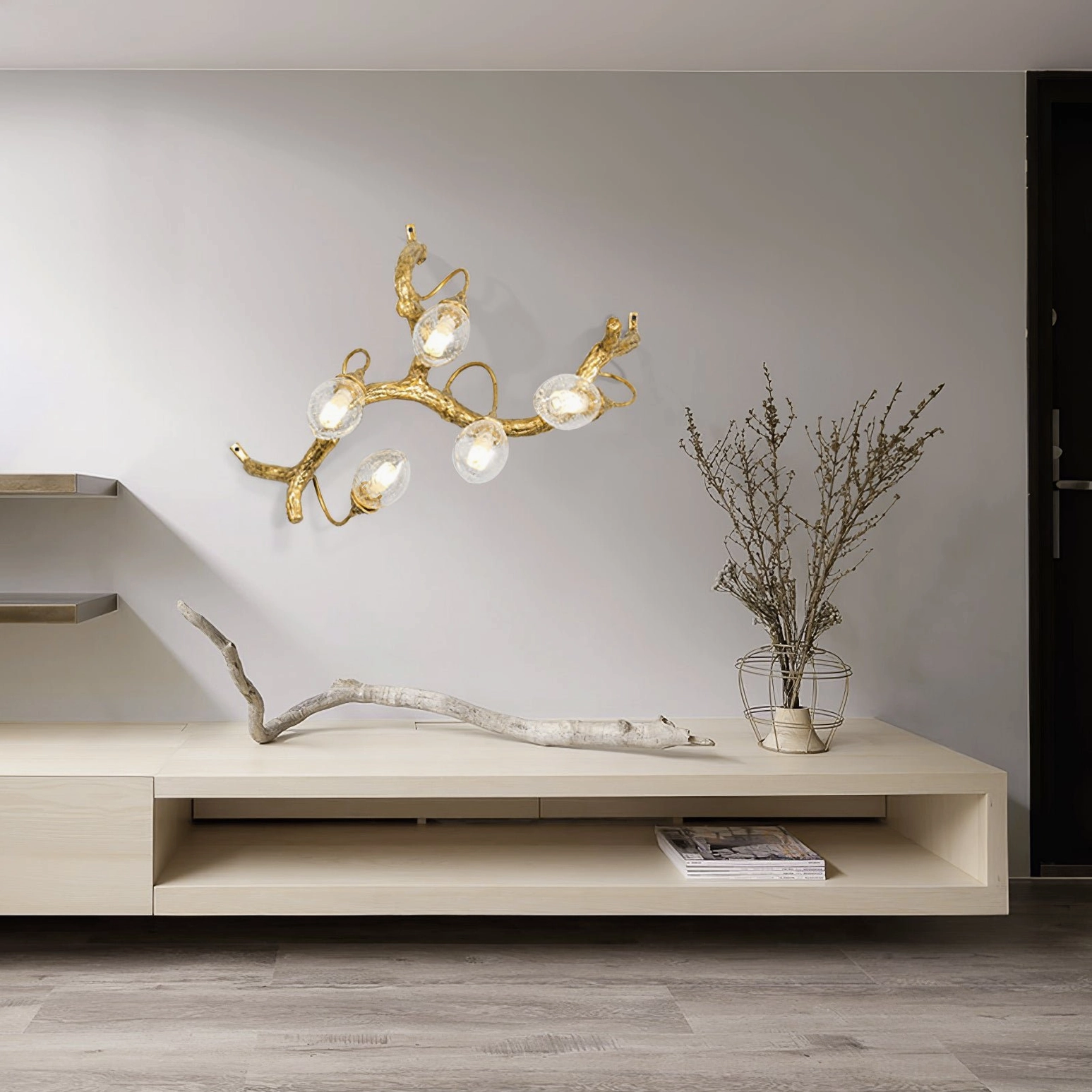 Lotus brass wall lamp architectural detail showing spiral arm arrangement and junction point