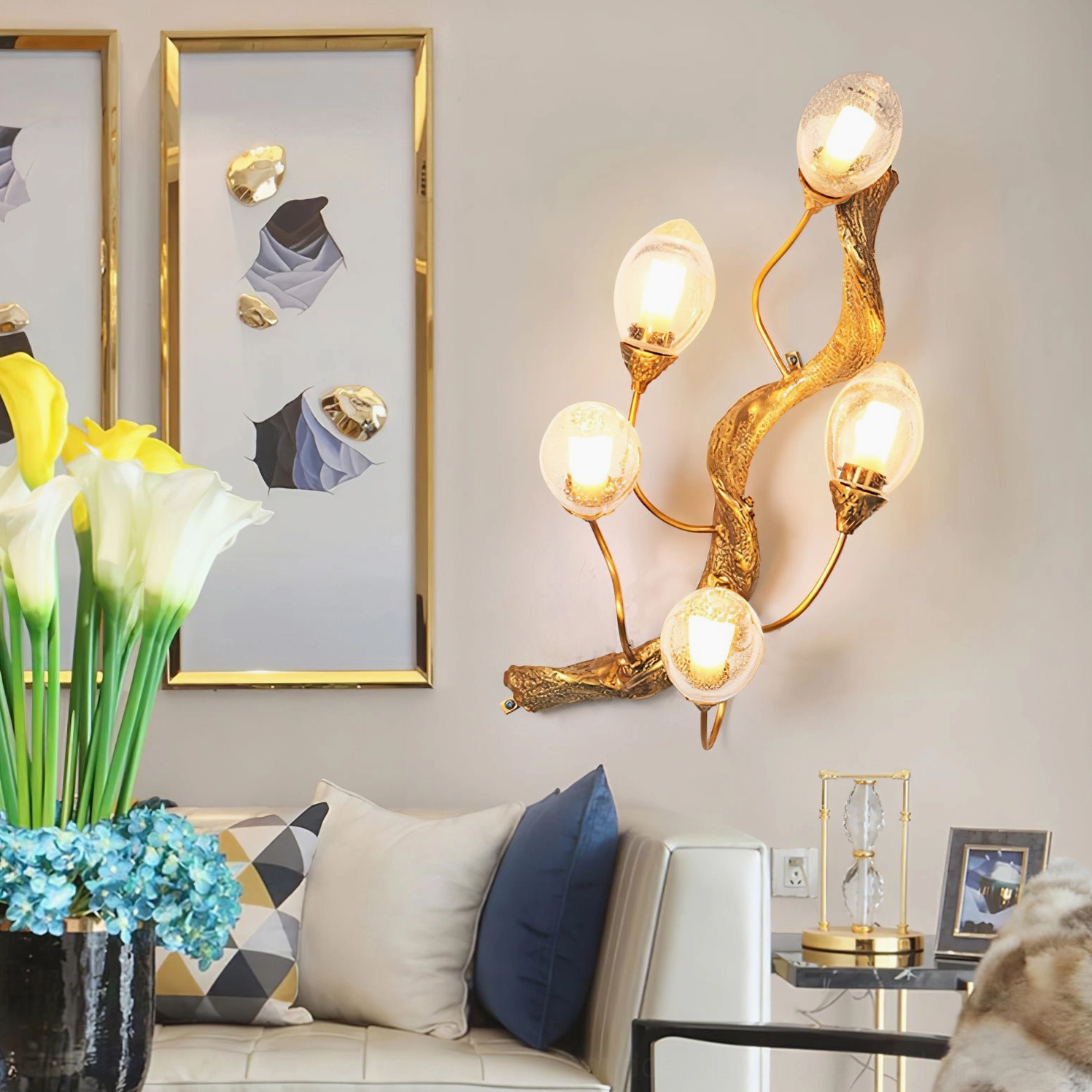 Lotus brass wall lamp three-dimensional sculptural form showing organic design element