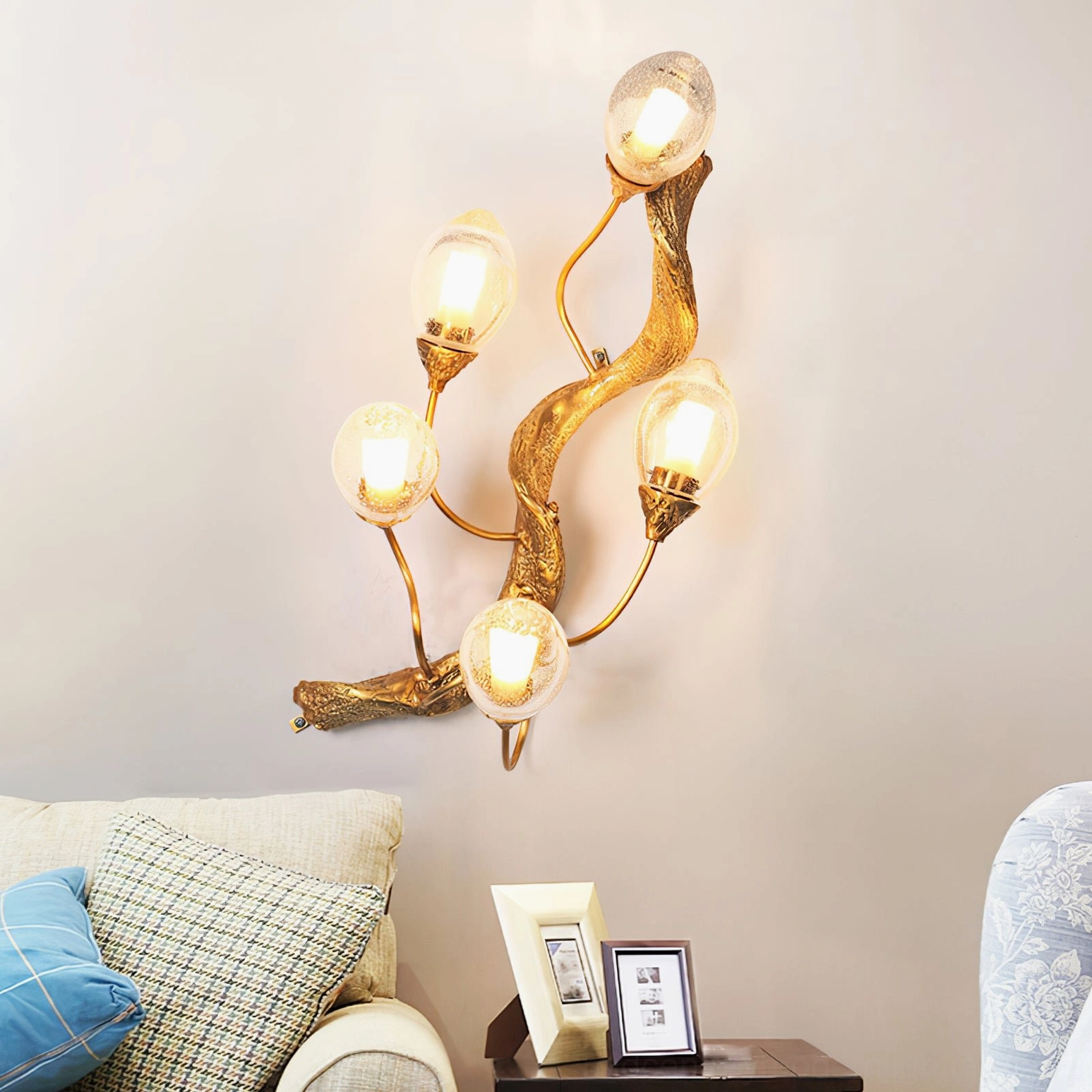 Lotus brass wall lamp ambient lighting effect with warm glow through egg-shaped glass