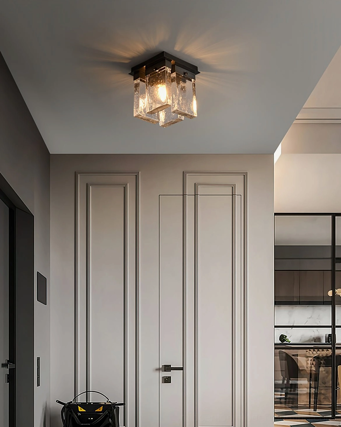 Black textured glass ceiling light in modern entryway with coat rack and neutral minimalist styling
