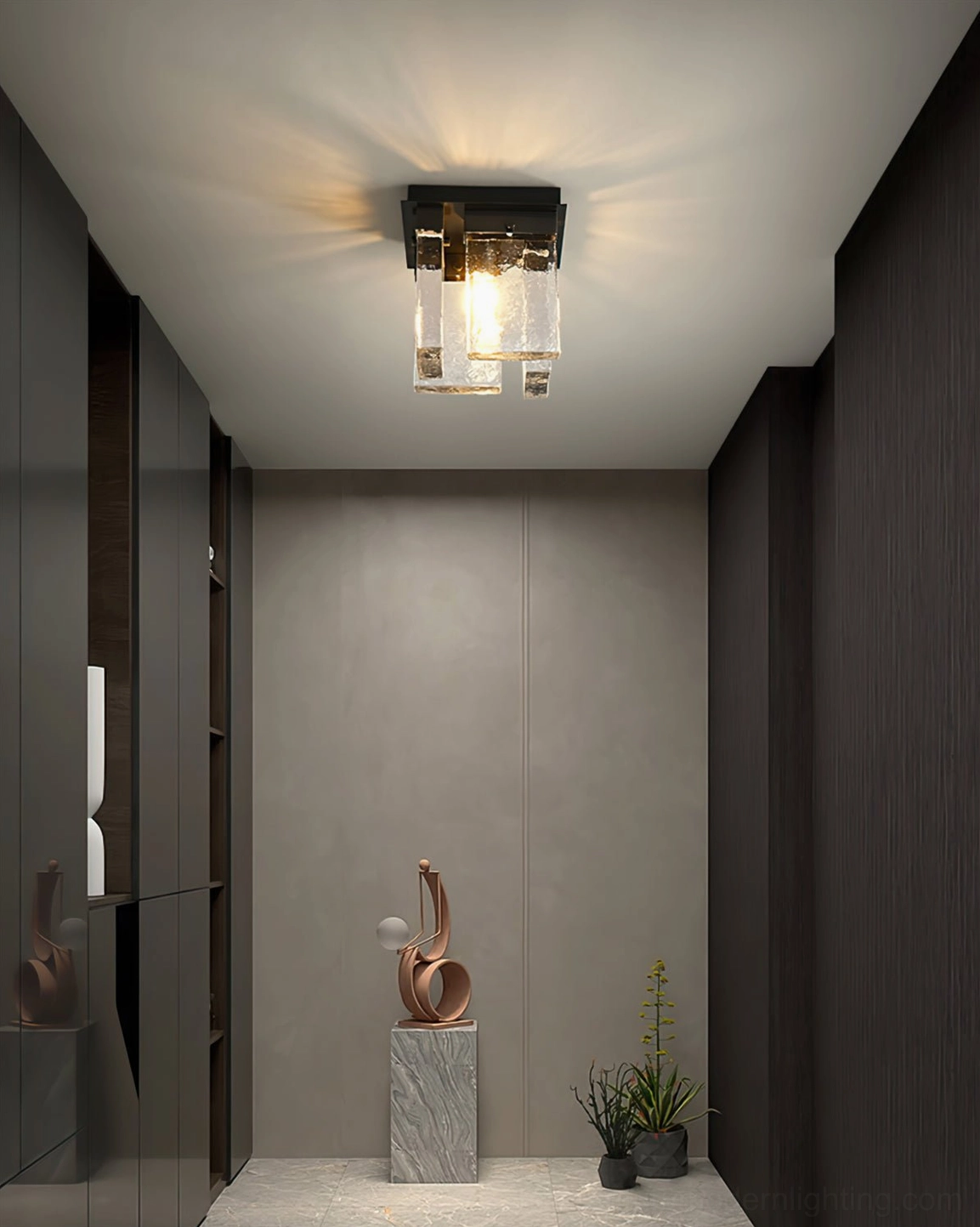 Matte black square ceiling light in modern minimalist hallway space, single fixture installation