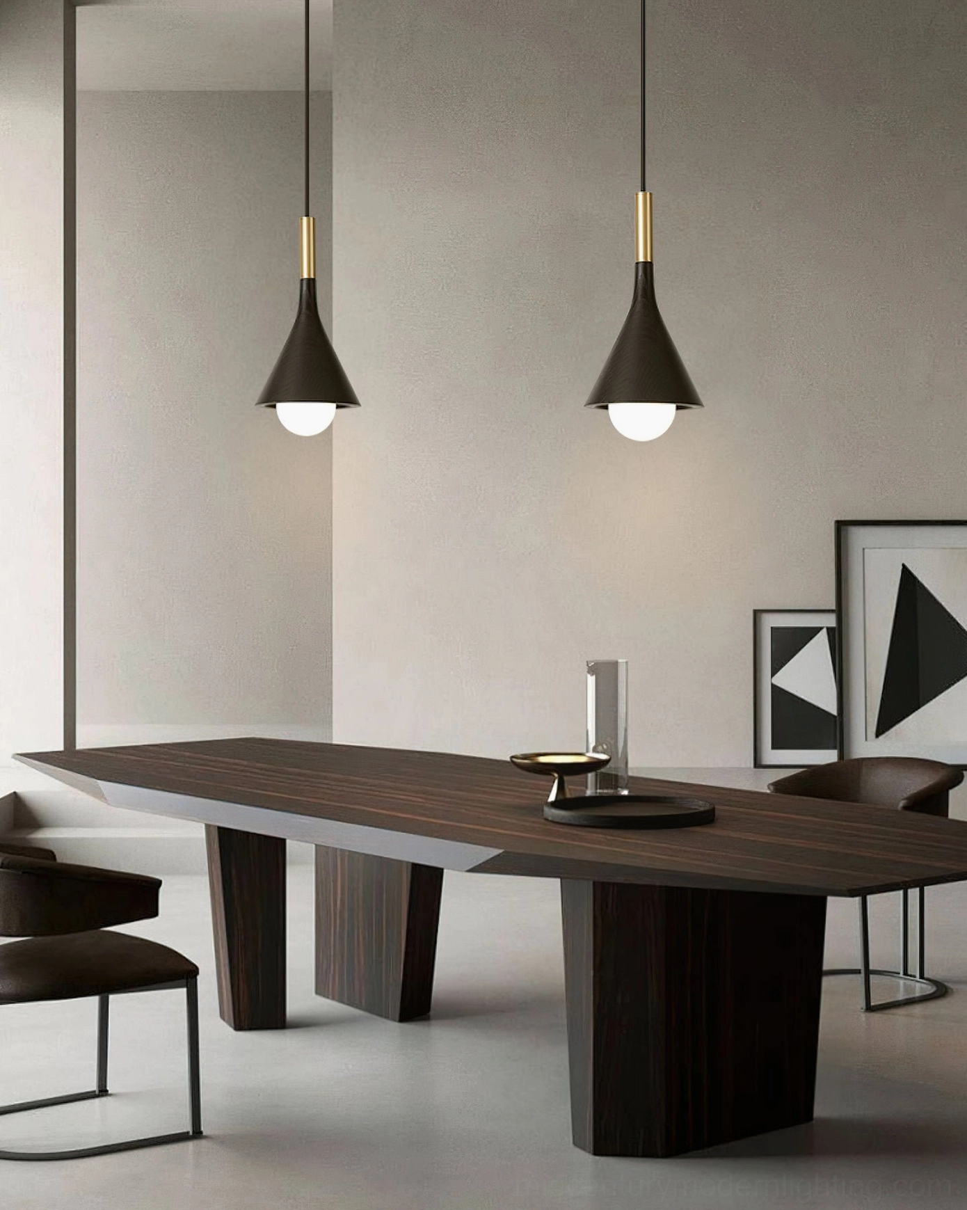 Pair of Lucian black tapered pendant lights above modern dining table with long wood base