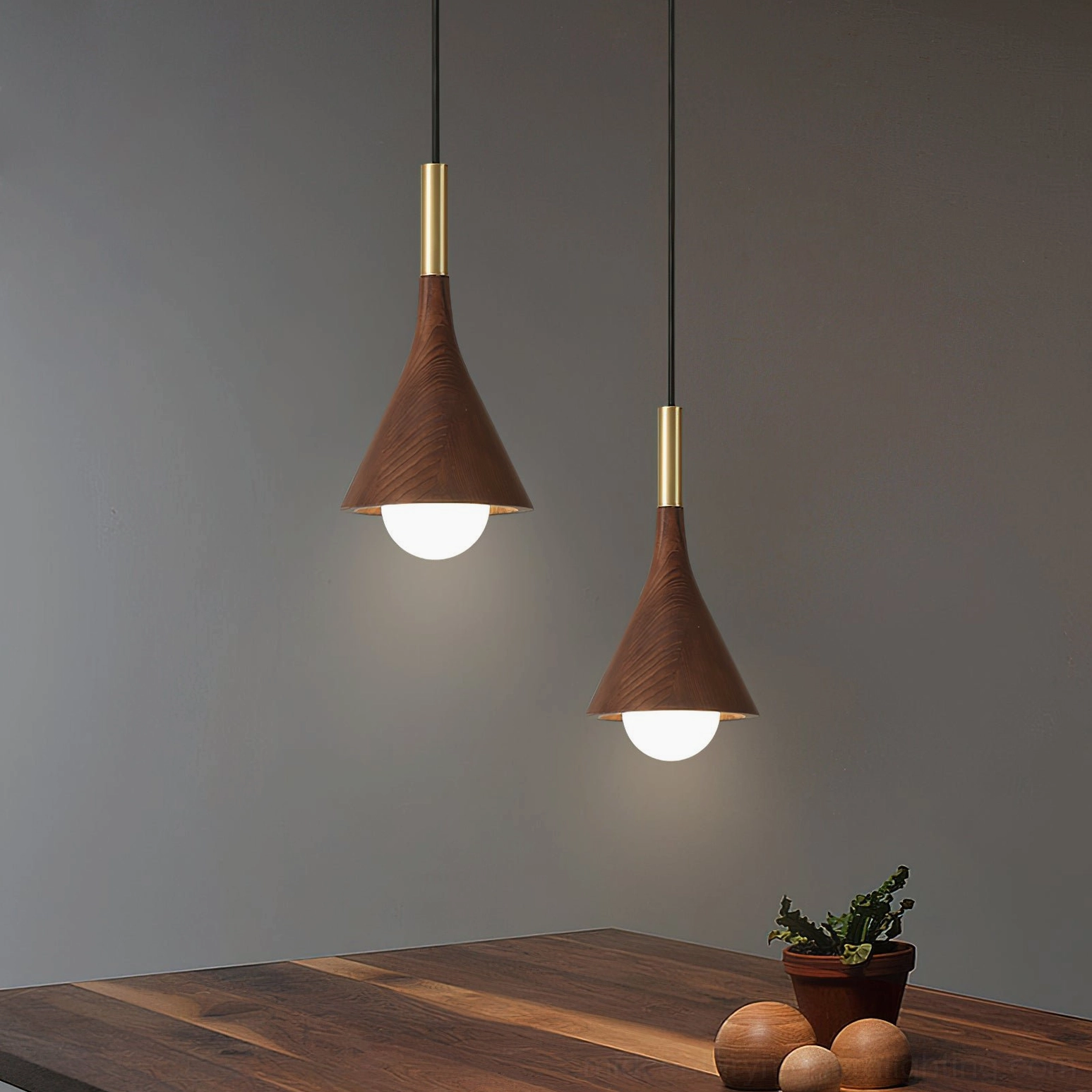 Lucian mid-century modern pendant light detail shot showing brass hardware
