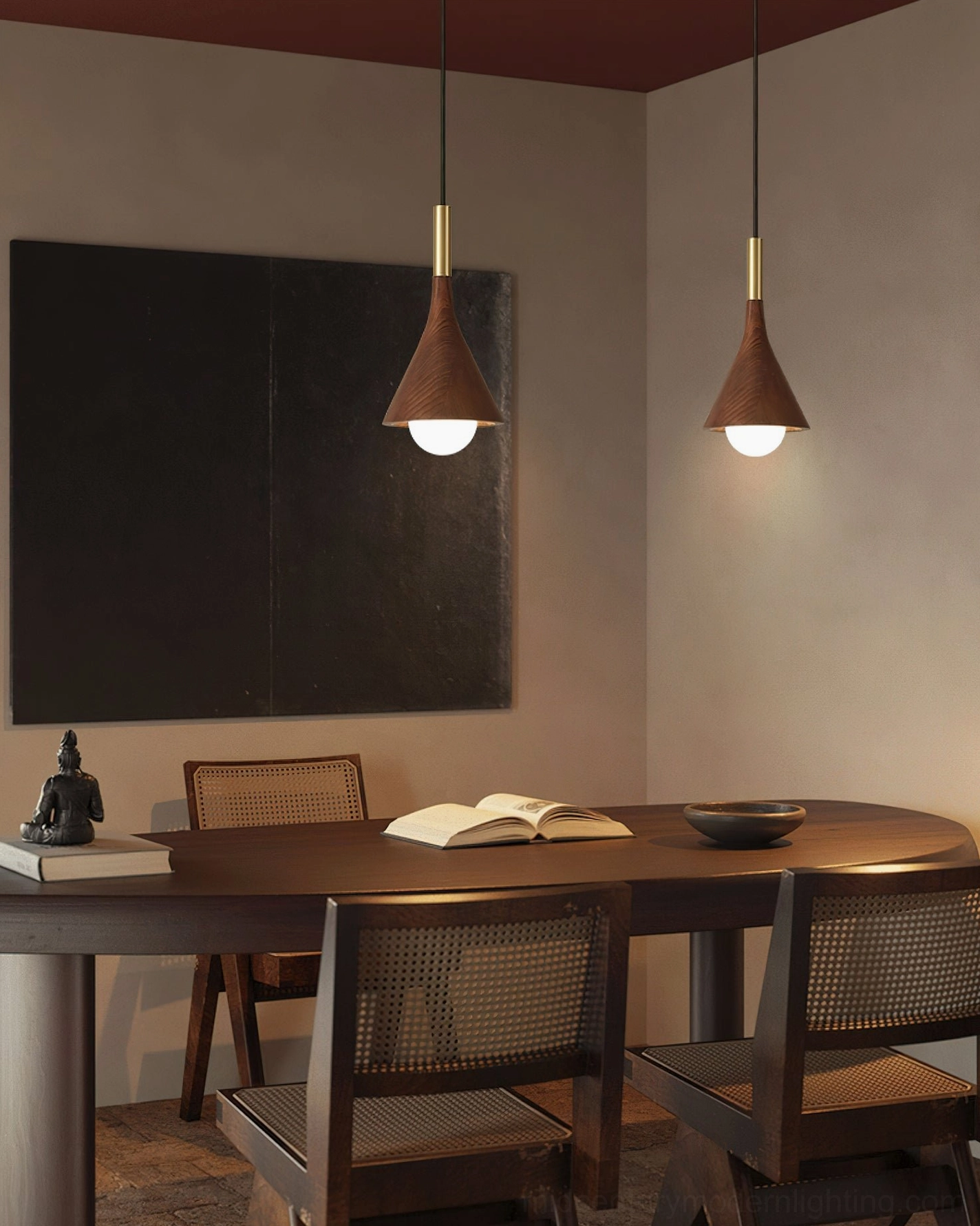 Mixed Lucian pendant lights in warm dining room with cozy wabi-sabi interior