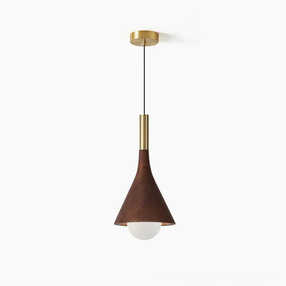 Lucian mid-century modern pendant lamp with tapered wood cone and brass accents, studio photography