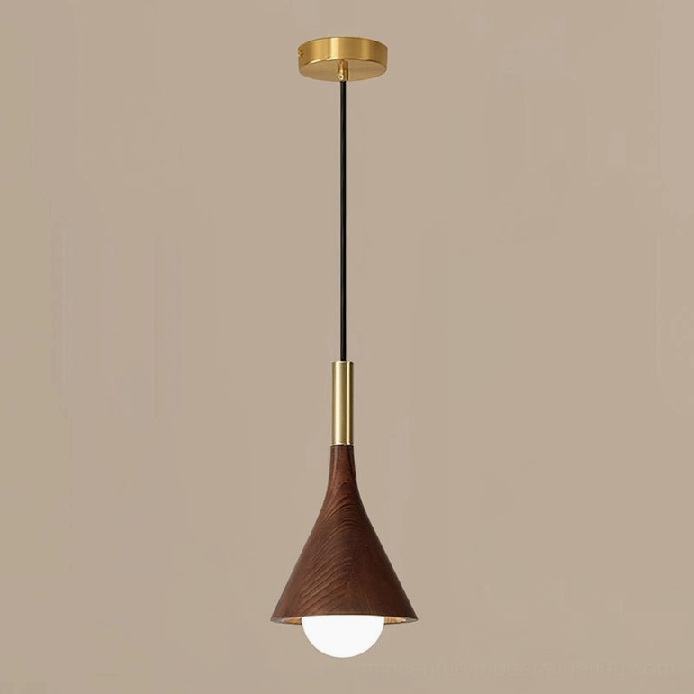 Lucian walnut and brass pendant lamp close-up showing wood grain and tapered design