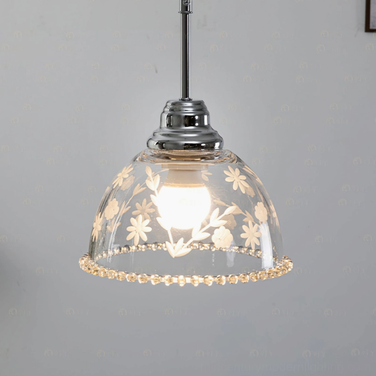 Lucinda floral etched glass pendant lamp installation detail and ambient light effect