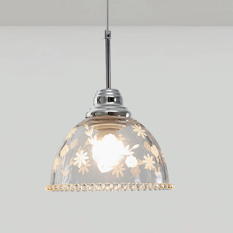 Lucinda etched glass pendant with crystal bead trim detail and chrome suspension rod, low angle view