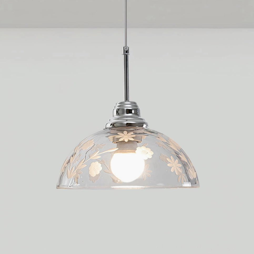 Lucinda 21cm diameter etched glass pendant lamp, chrome finish, medium size variant