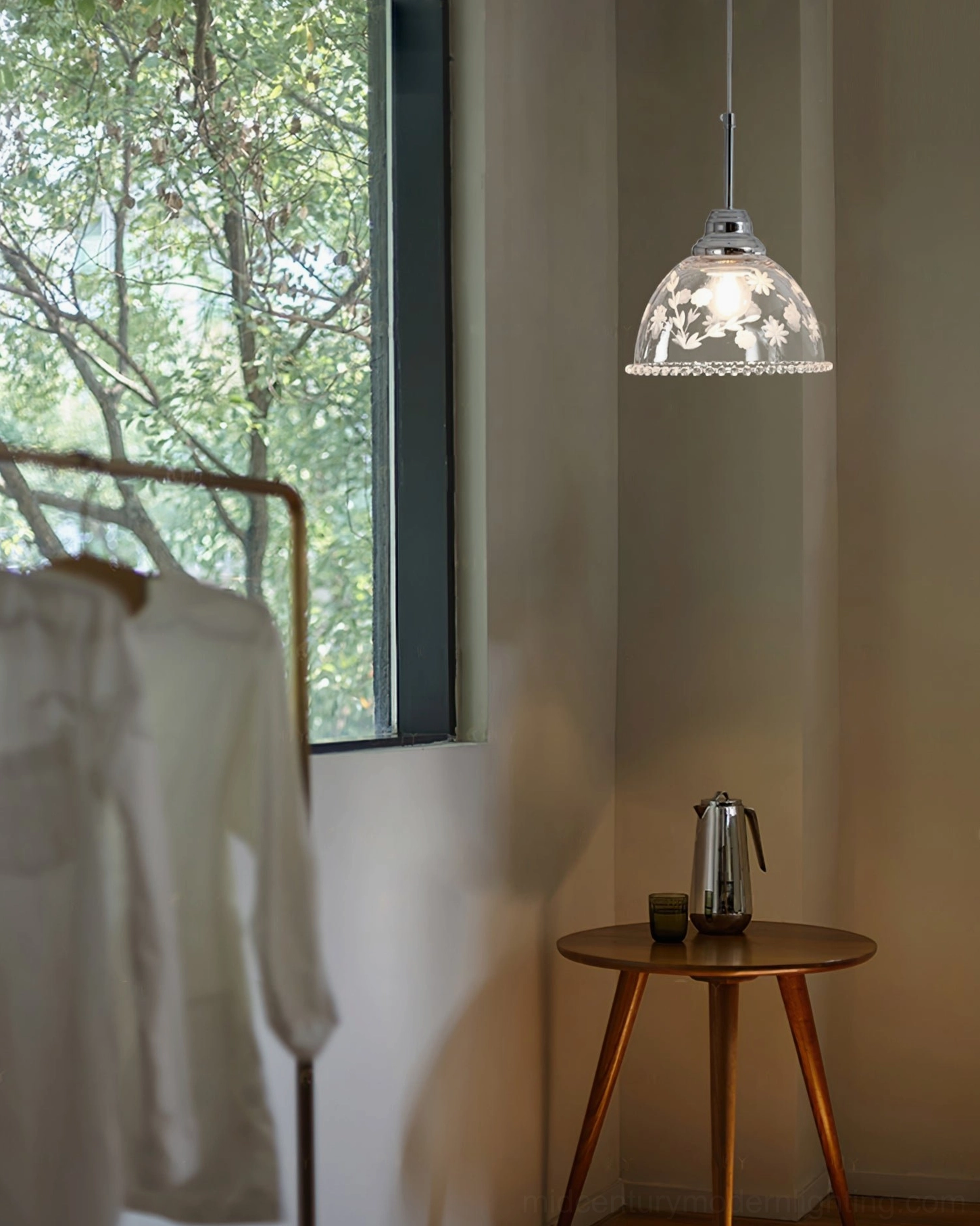 Lucinda etched glass pendant in home window corner, cozy minimalist vintage home decor
