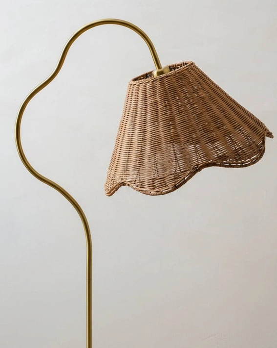 Close-up detail of Lucinda lamp showing hand-woven rattan shade with scalloped edge and textured pleated weave