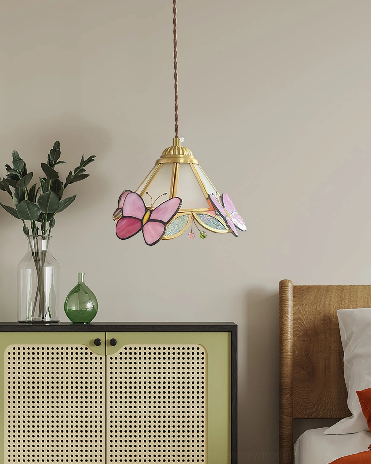 Lulla Butterfly Stained Glass Pendant Lamp - Artistic Detail Shot on Light Background