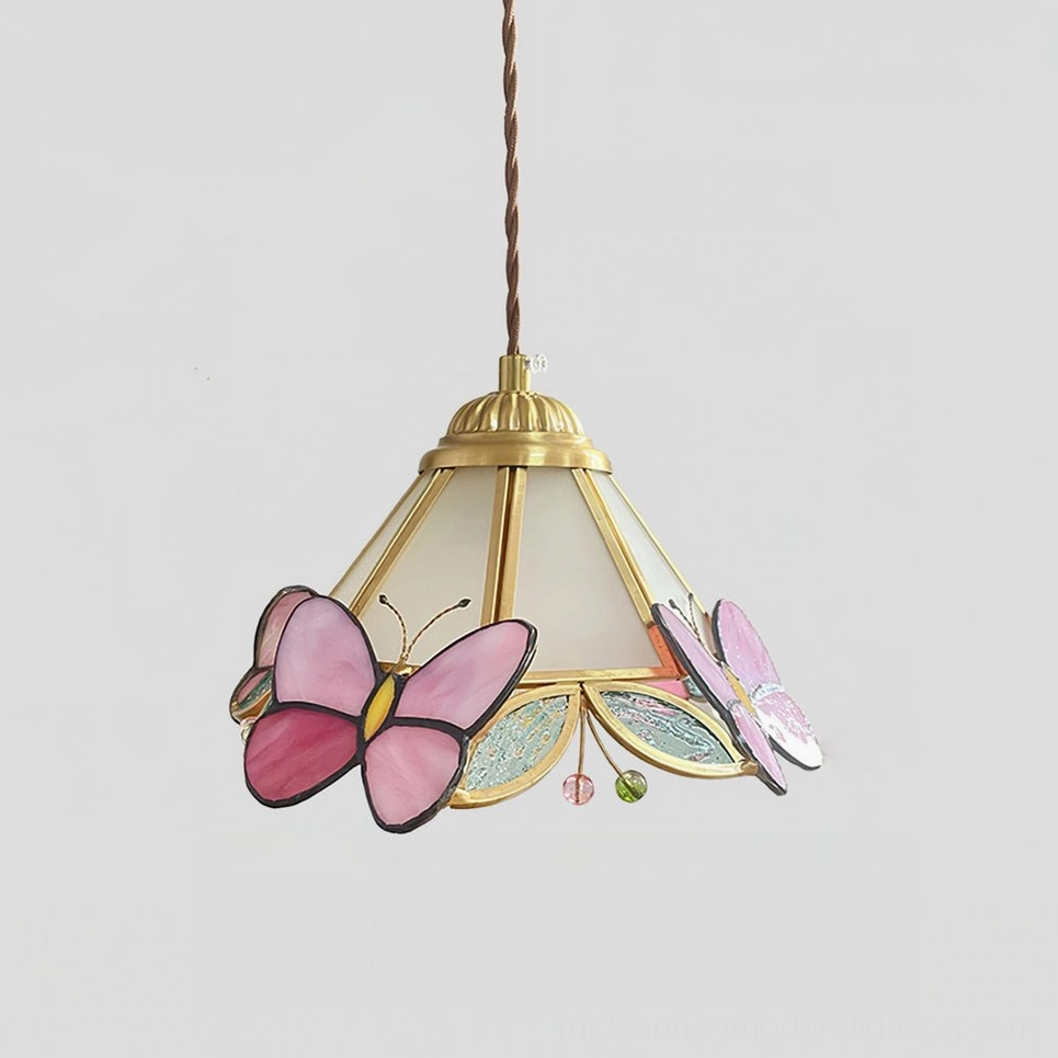 Lulla Butterfly Pendant Lamp - Model A Brass and Pink Stained Glass Butterflies