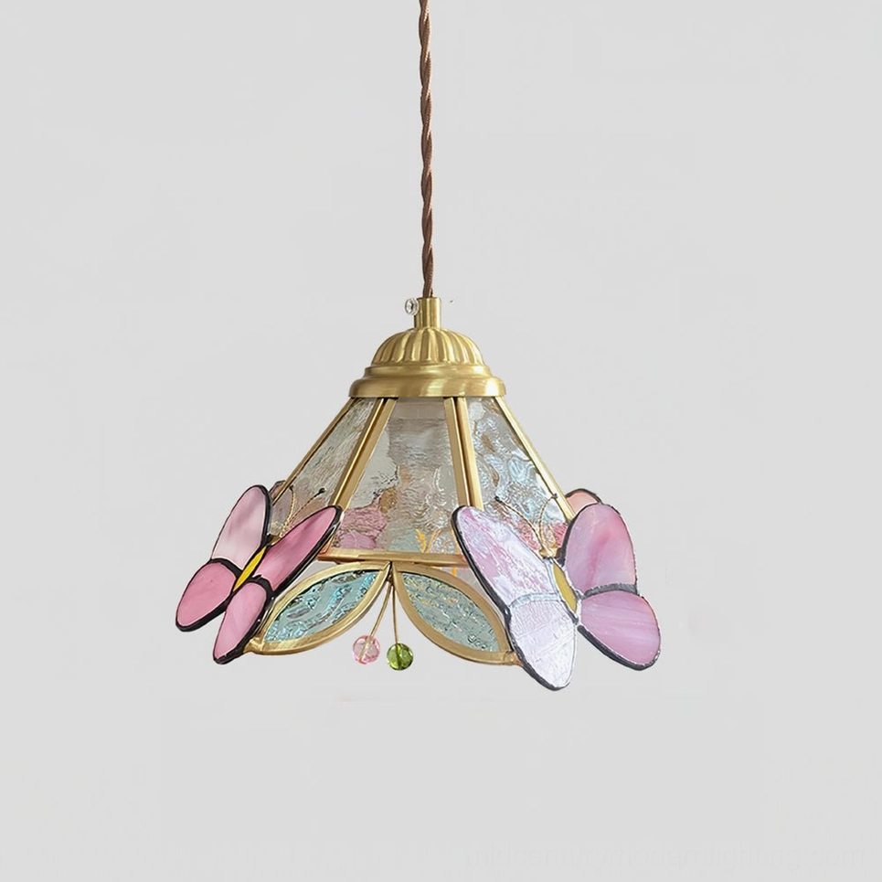 Lulla Butterfly Pendant Lamp - Model B Brass and Pink Stained Glass Configuration