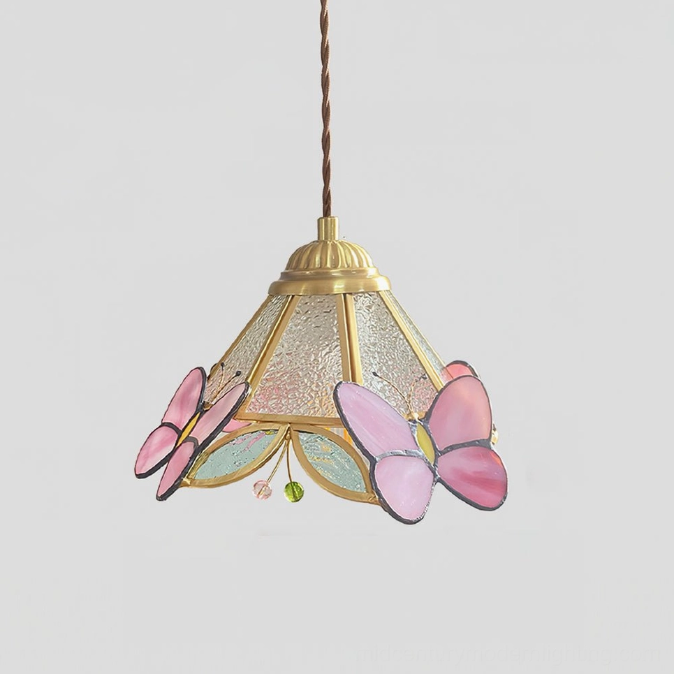Lulla Butterfly Pendant Lamp - Model C Brass and Pink Stained Glass Butterfly Design