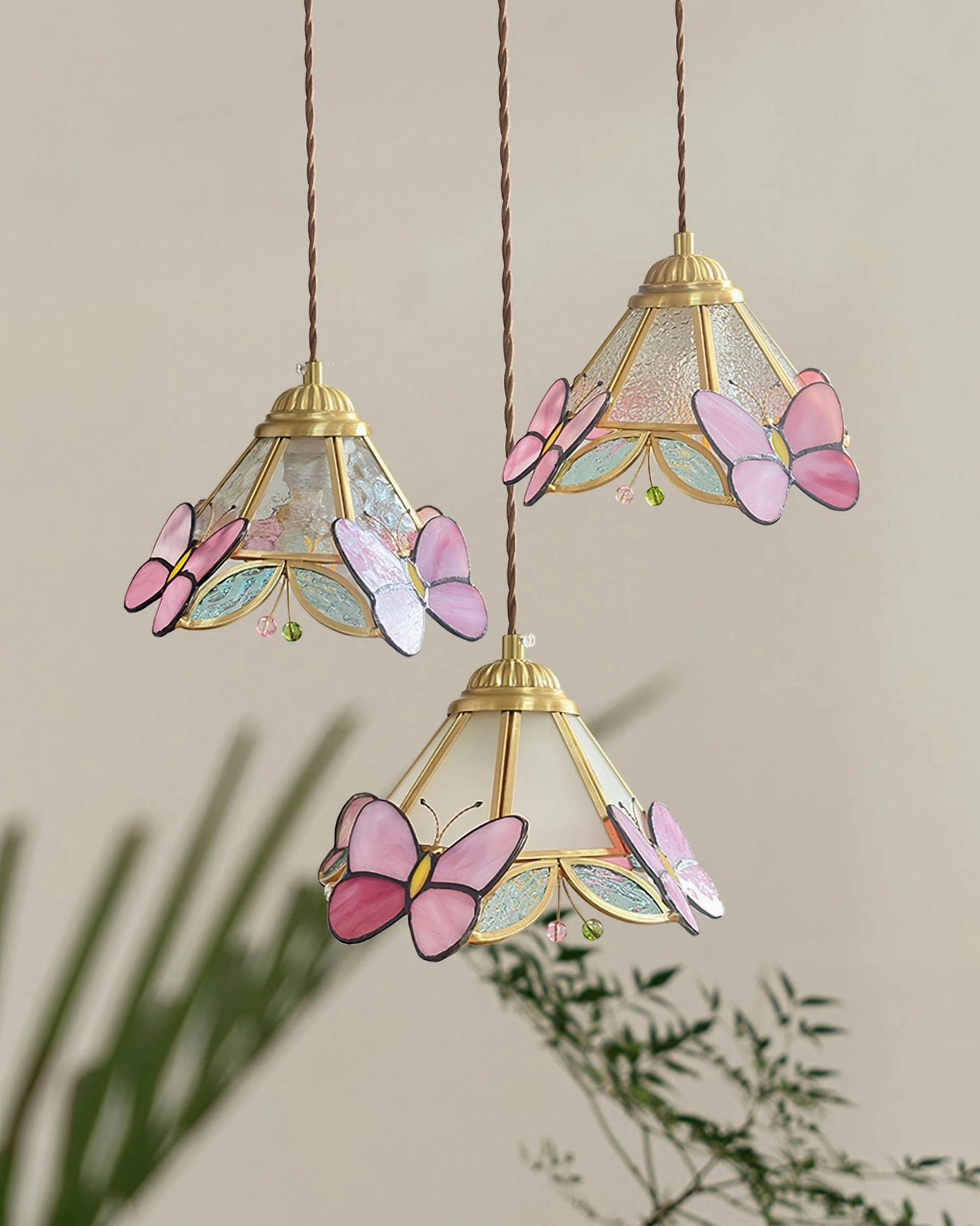 Multiple Lulla Butterfly Stained Glass Pendant Lamps Cluster Installation with Brass Frames