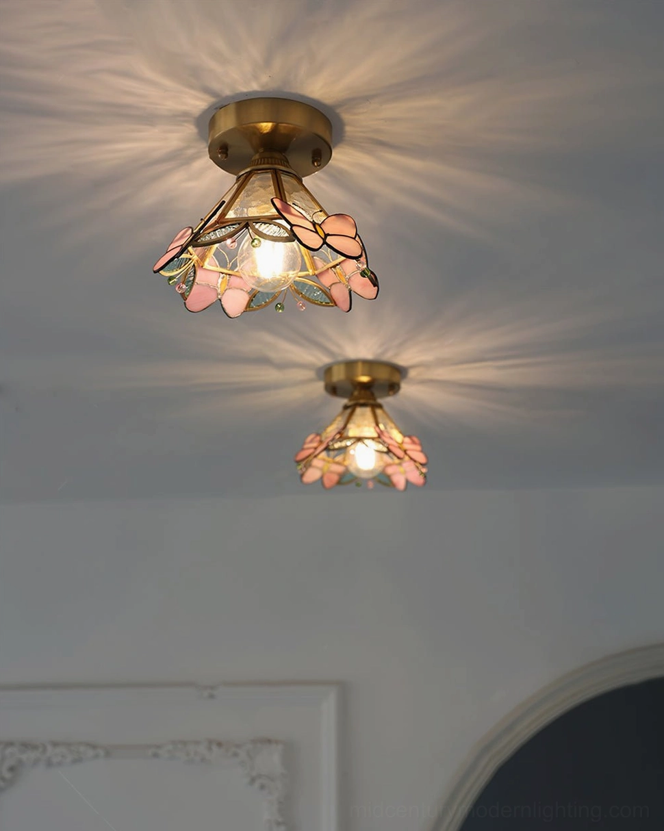 Lulla butterfly stained glass ceiling lamp with brass and pink glass in premium product showcase