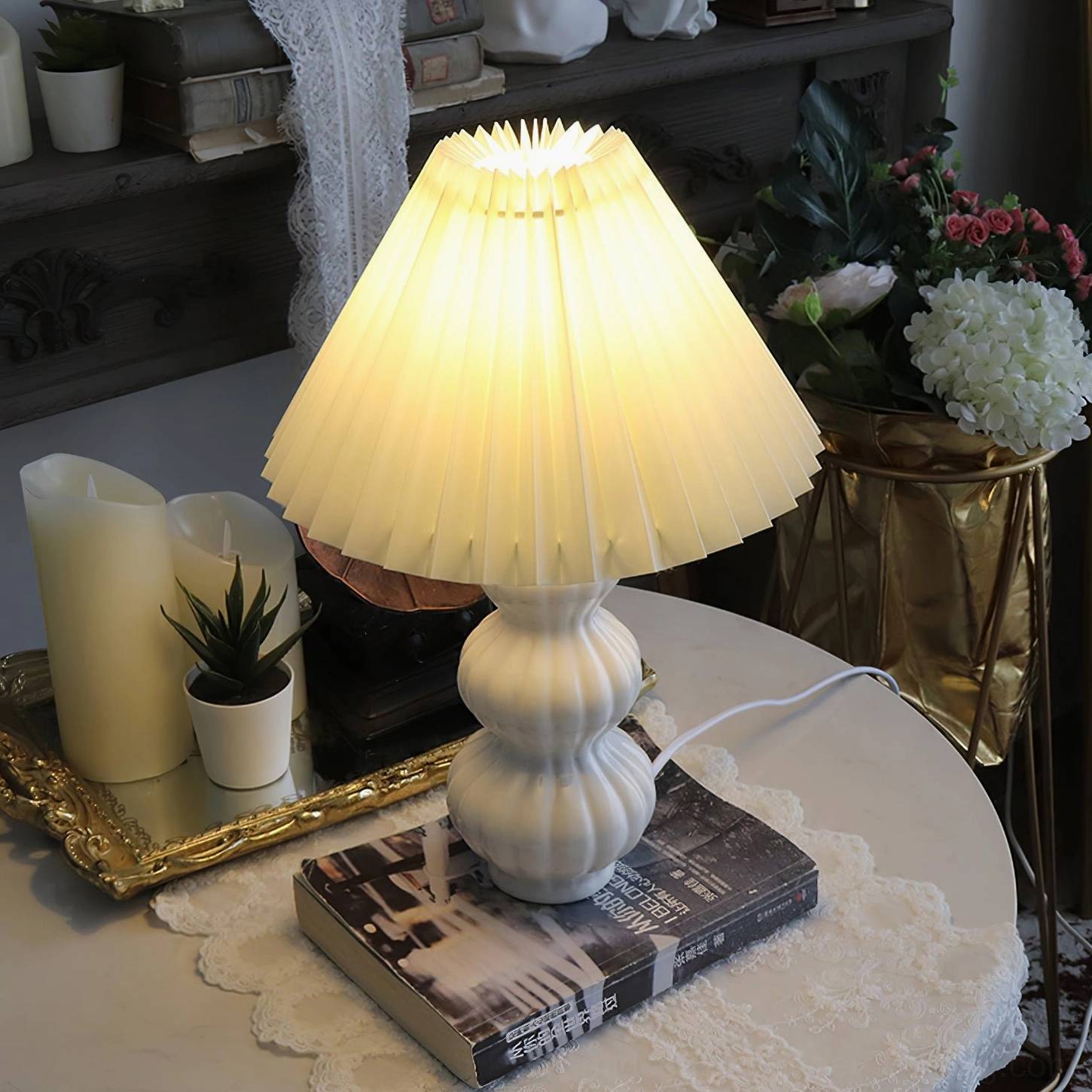 Luna pleated table lamp with Edison-style bulb, vintage warm glow aesthetic through pleated fabric
