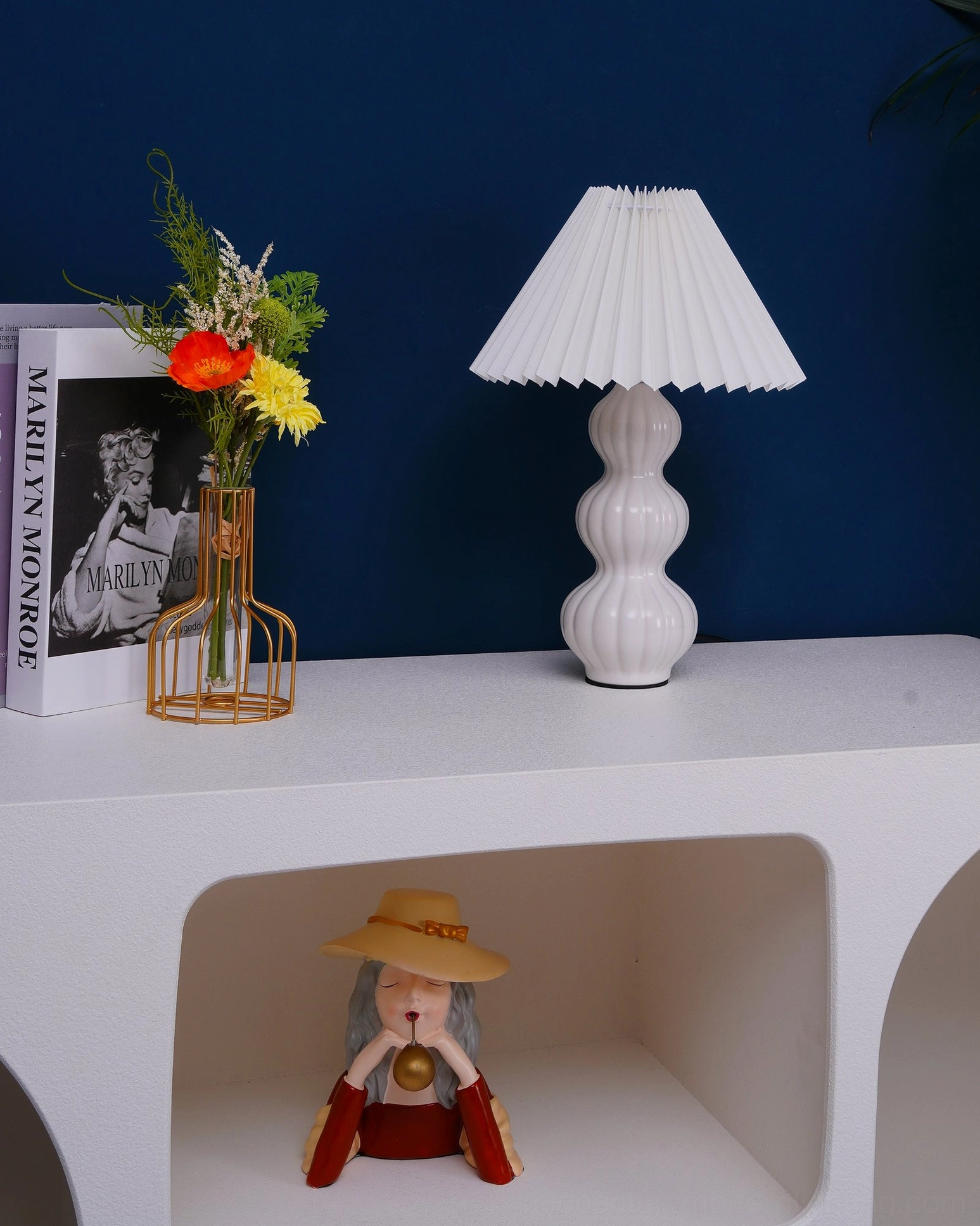 Luna pleated ceramic table lamp lifestyle photography, elegant mid-century modern desk lamp lighting solution