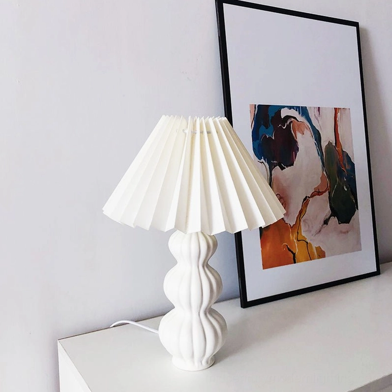 Luna pleated table lamp styling for living room shelf, mid-century modern sculptural accent piece with ambient lighting