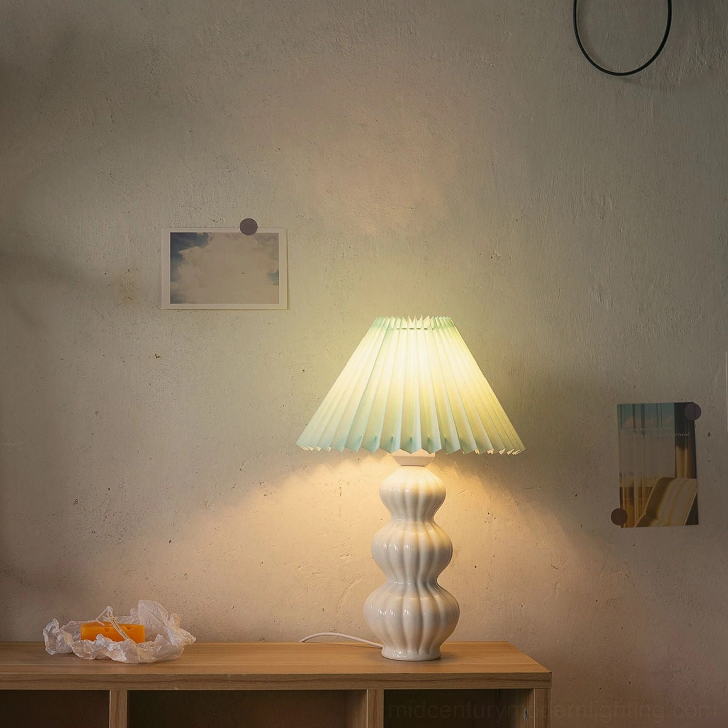 Luna pleated table lamp color palette display, warm and neutral fabric shade colors for mid-century modern interiors