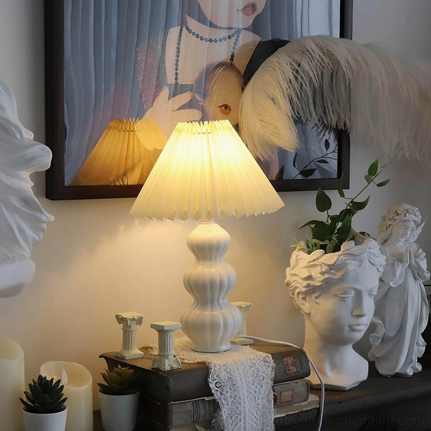 Luna pleated table lamp symmetrical arrangement, twin lamps on flanking side tables for formal elegance