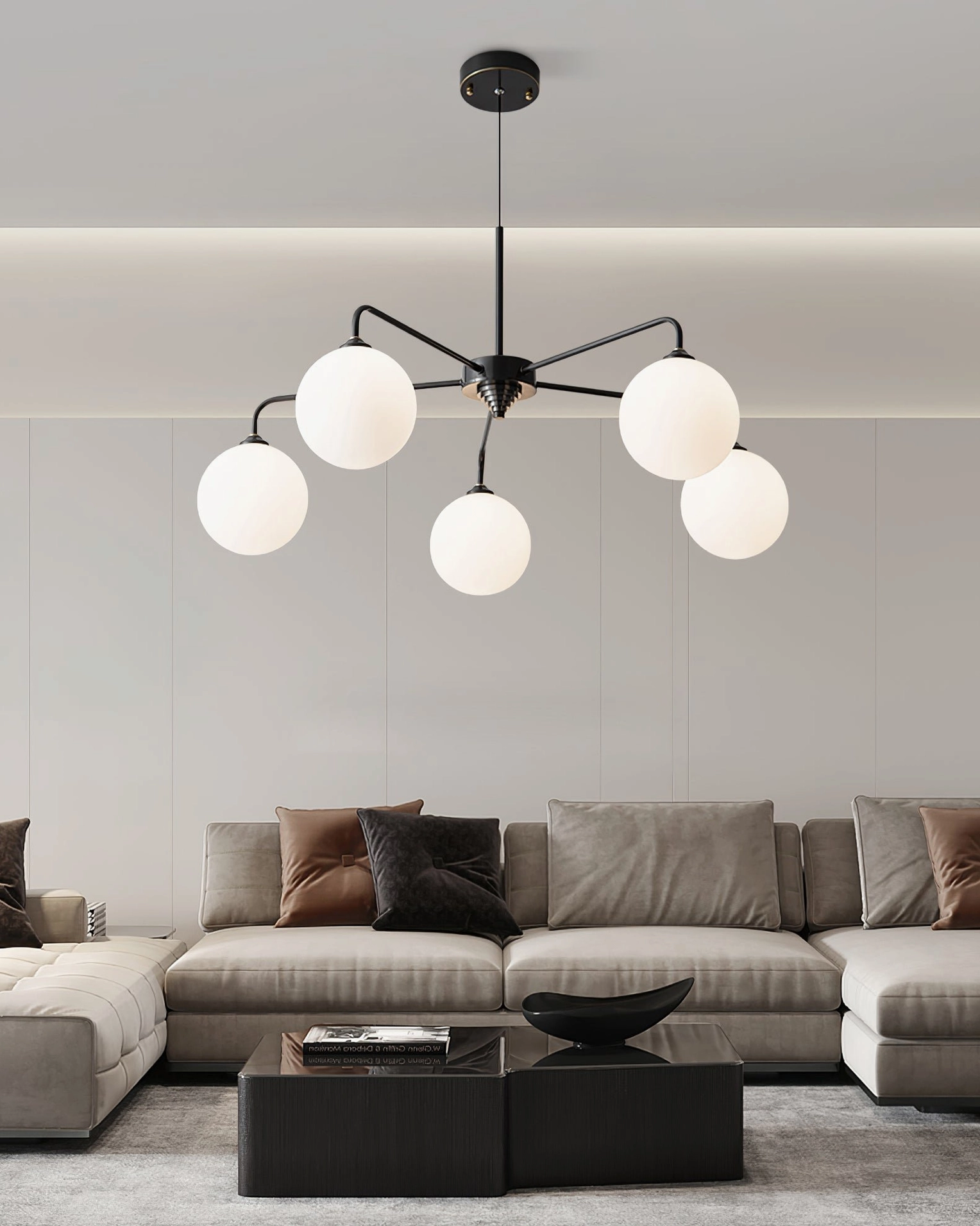 Lune 5-globe chandelier interior scene demonstrating ambient lighting and mid-century modern aesthetic
