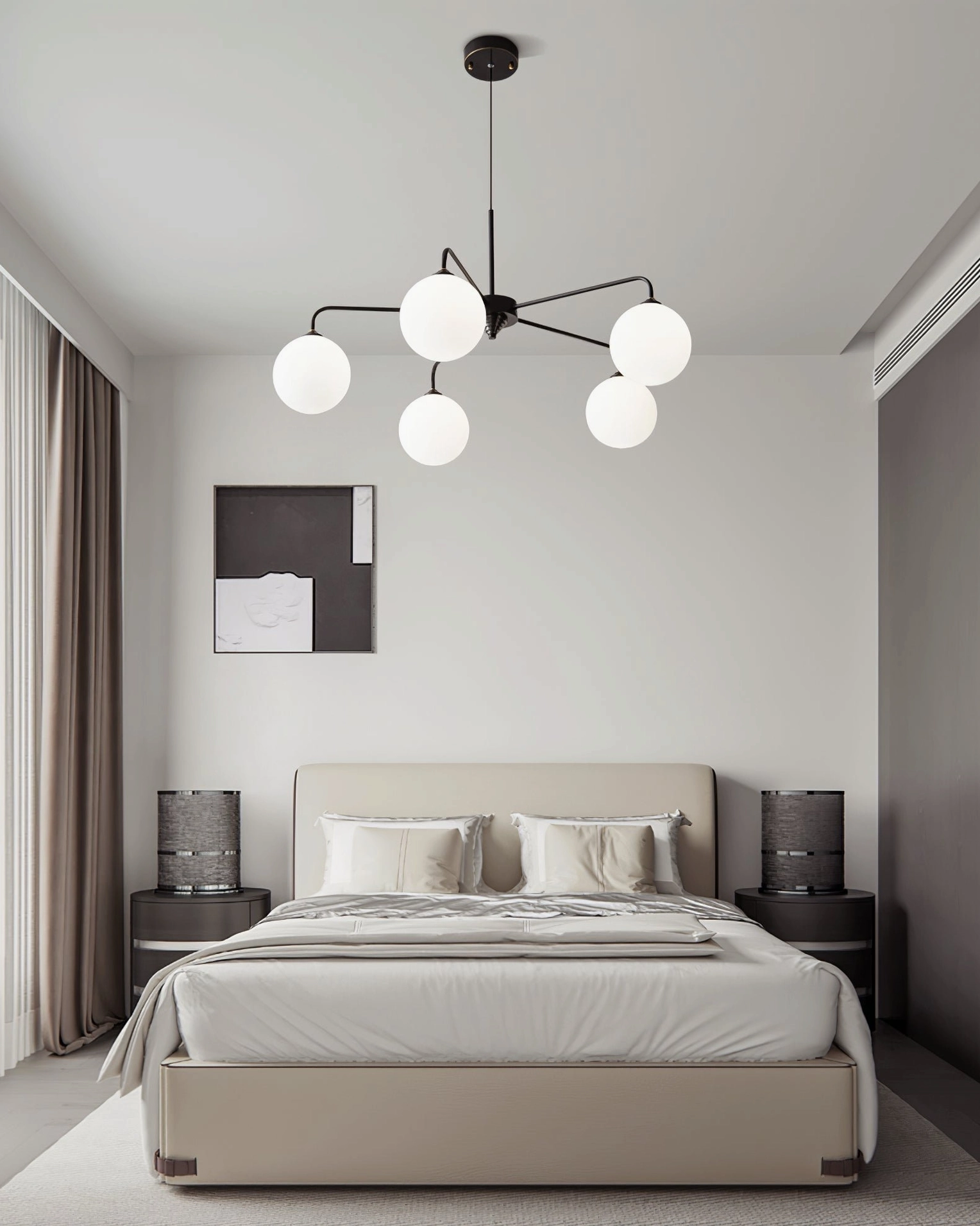 Black metal 5-globe chandelier illuminating modern minimalist bedroom with Lune pendant lighting