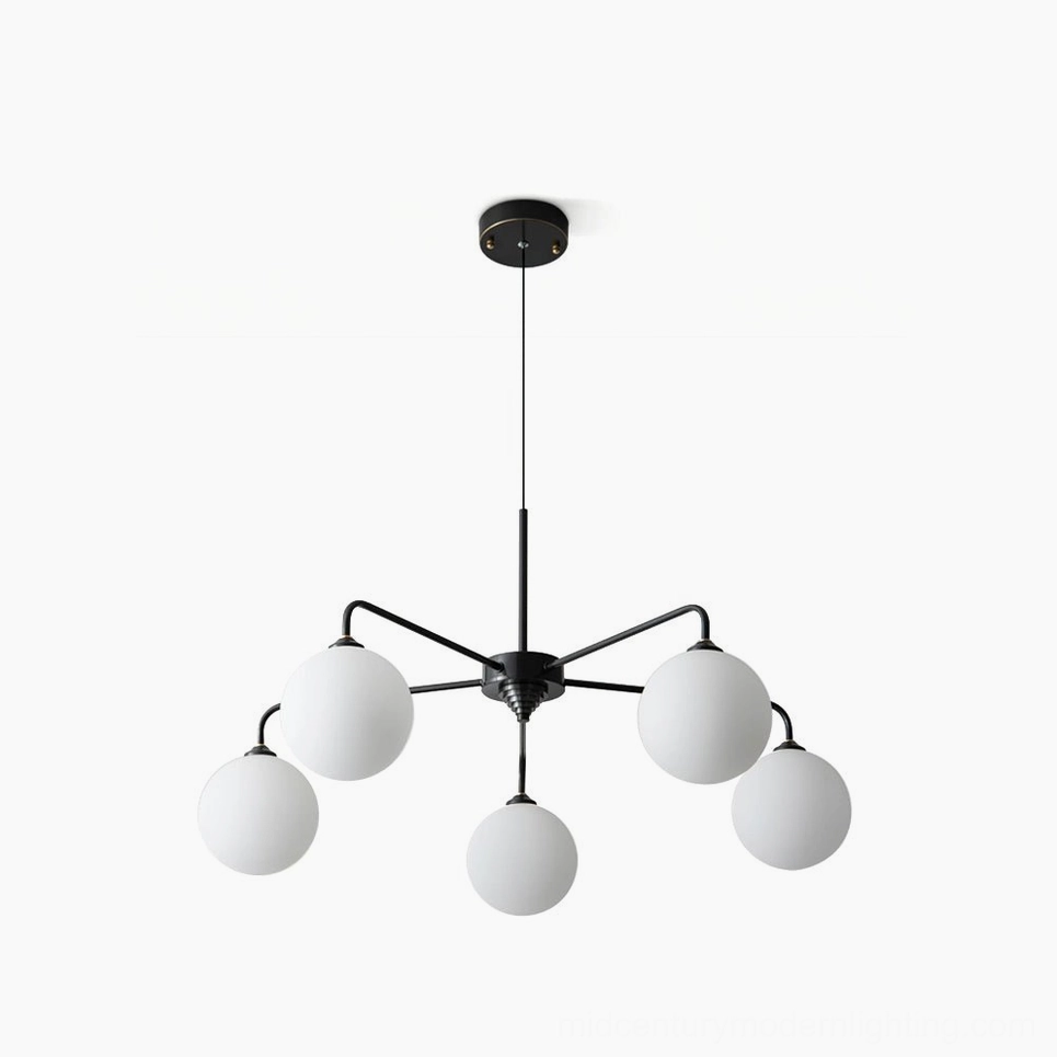 Lune mid-century modern 5-globe chandelier with frosted milk glass shades and black metal frame on white background