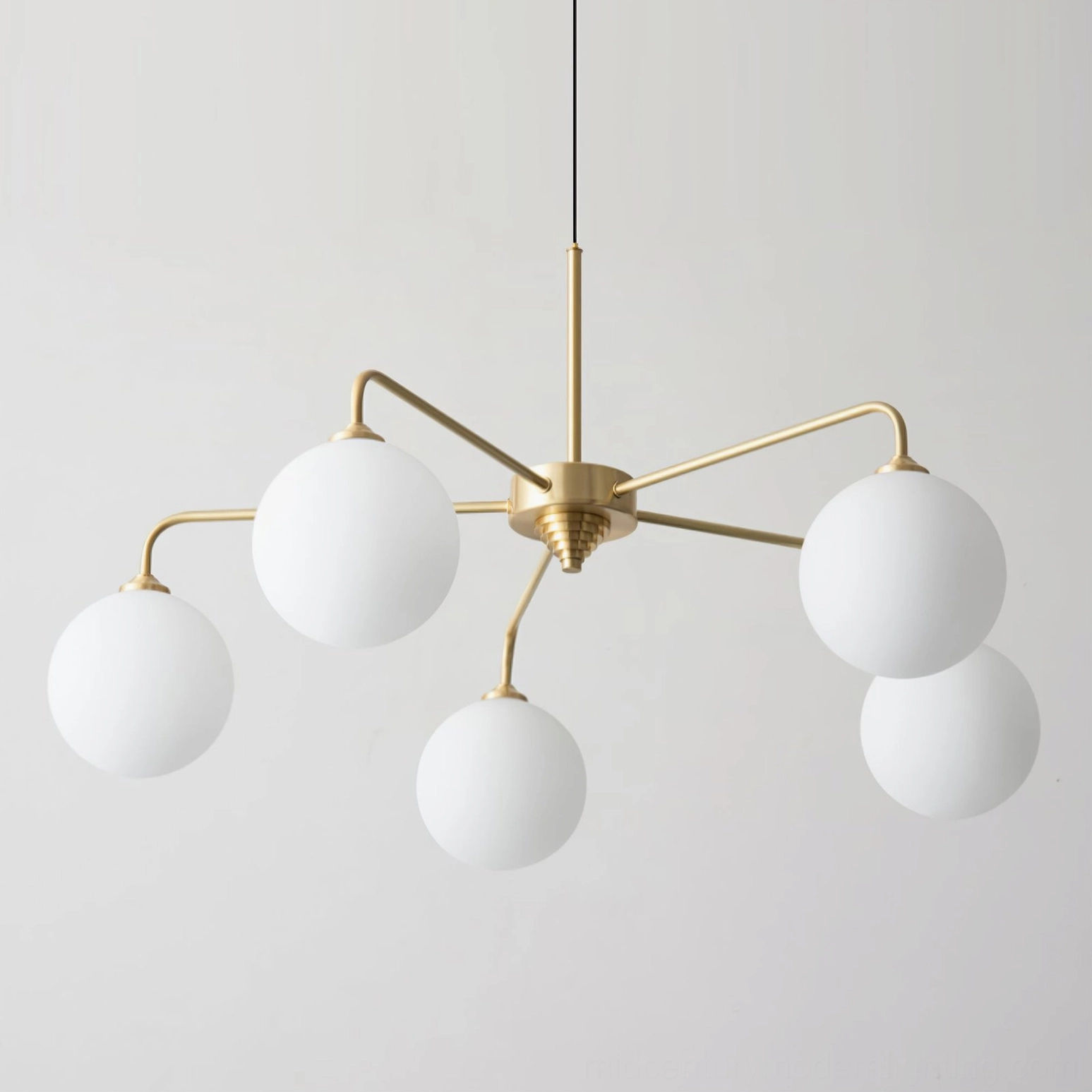 Lune 5-globe mid-century modern chandelier full view showcasing complete fixture and light composition