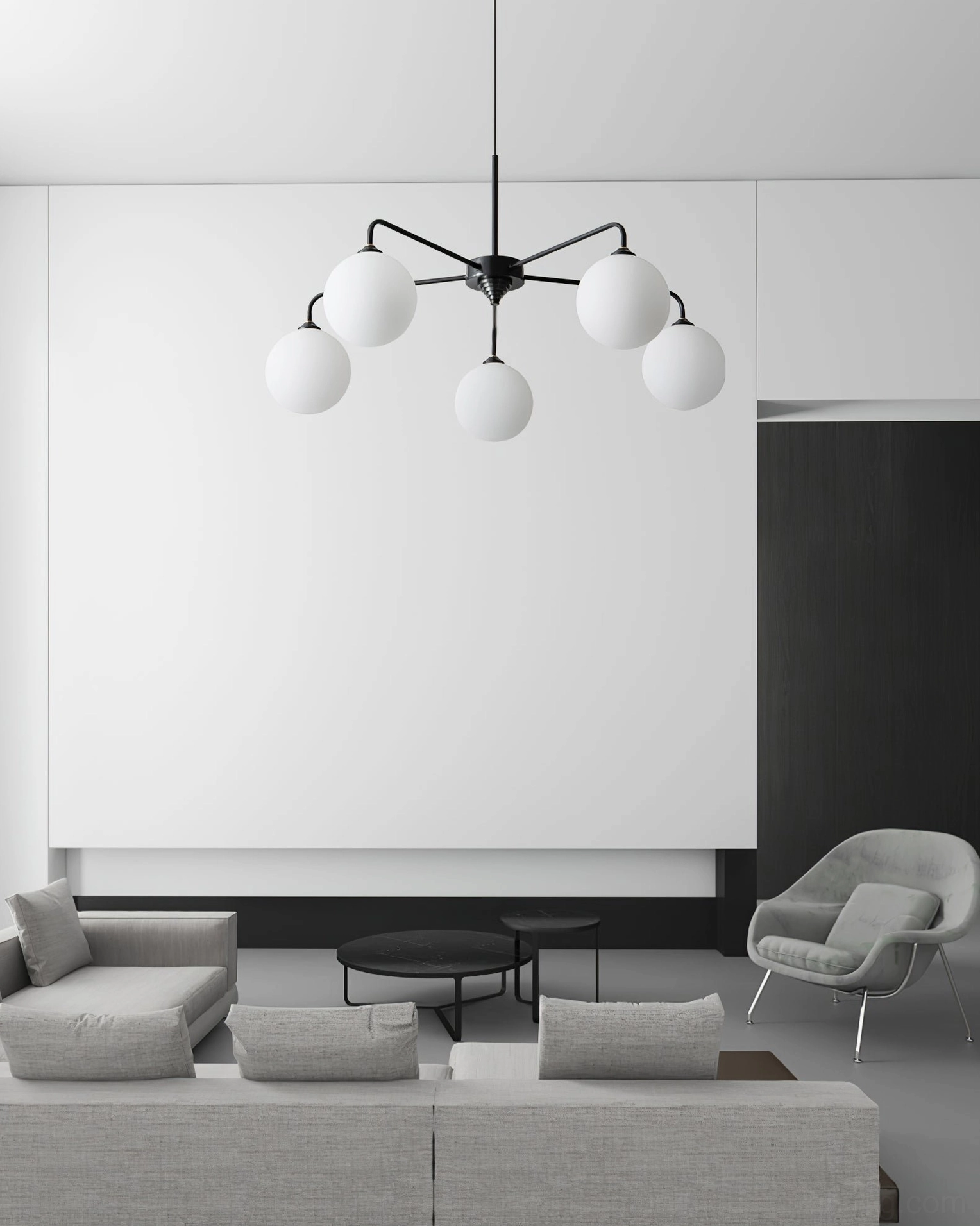 Lune mid-century modern 5-light pendant with brass and frosted glass composition suspended from ceiling