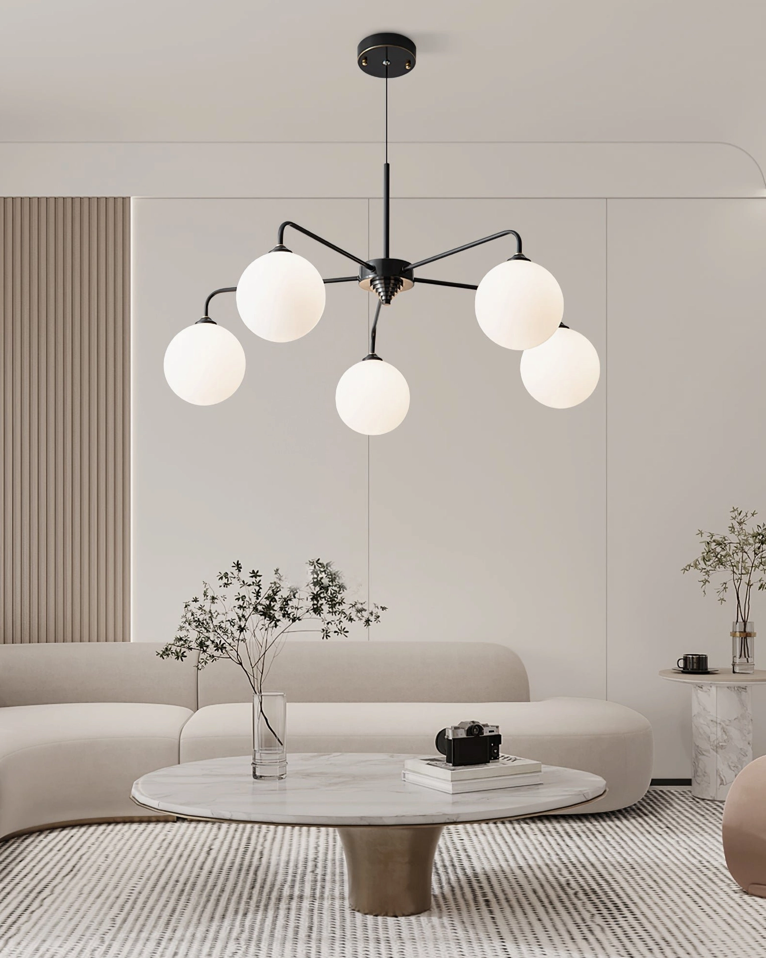 Lune mid-century modern 5-light fixture in clean minimalist composition with white background