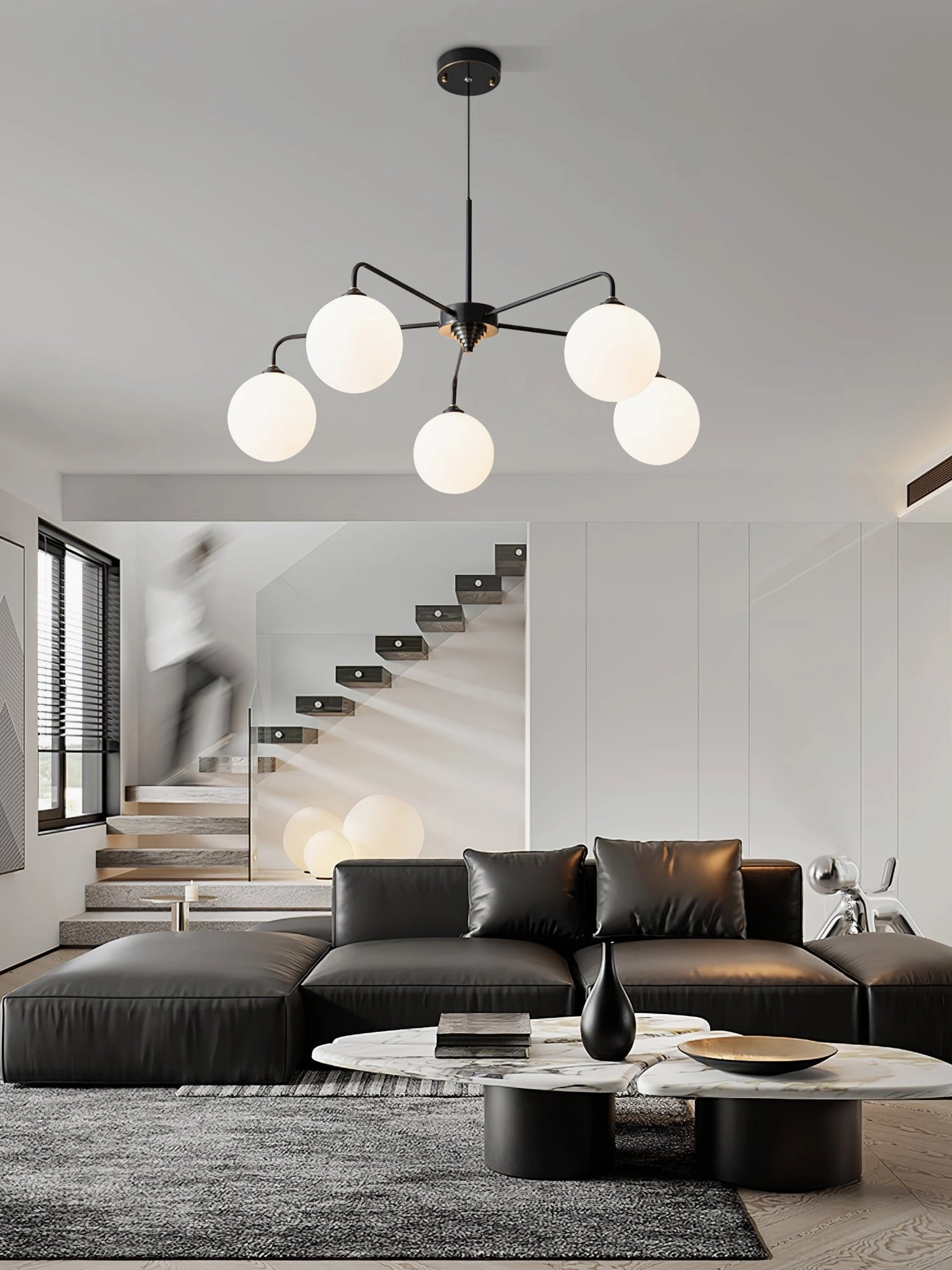 Lune 5-globe pendant lighting fixture showcasing mid-century modernist geometric design and craftsmanship