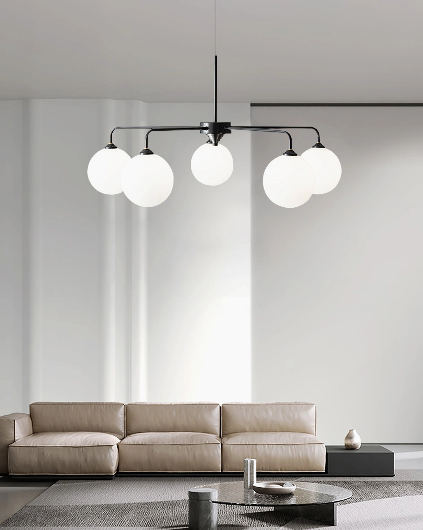 Frosted glass Lune chandelier in neutral tone interior creating soft diffused mid-century modern ambiance