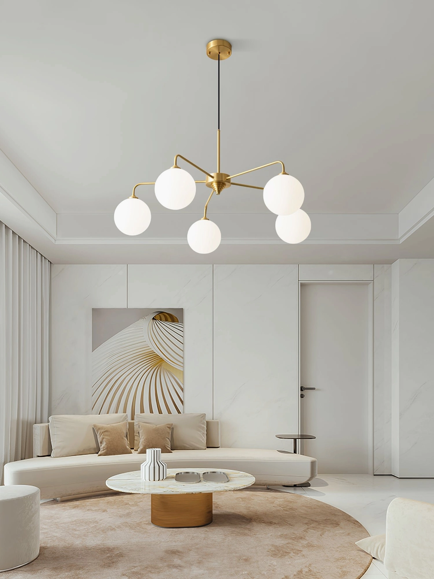 Front view of Lune 5-globe frosted glass chandelier on light gray minimalist background