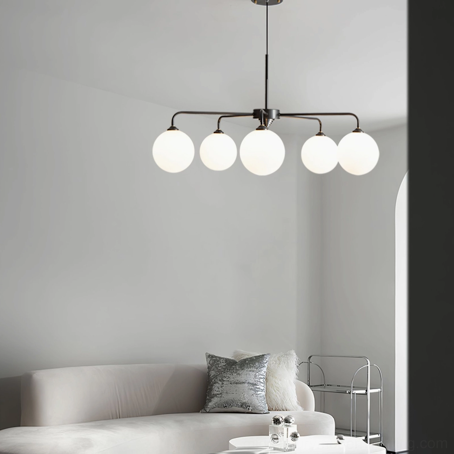 Side perspective of Lune mid-century modern globe chandelier highlighting dimensional form and proportions
