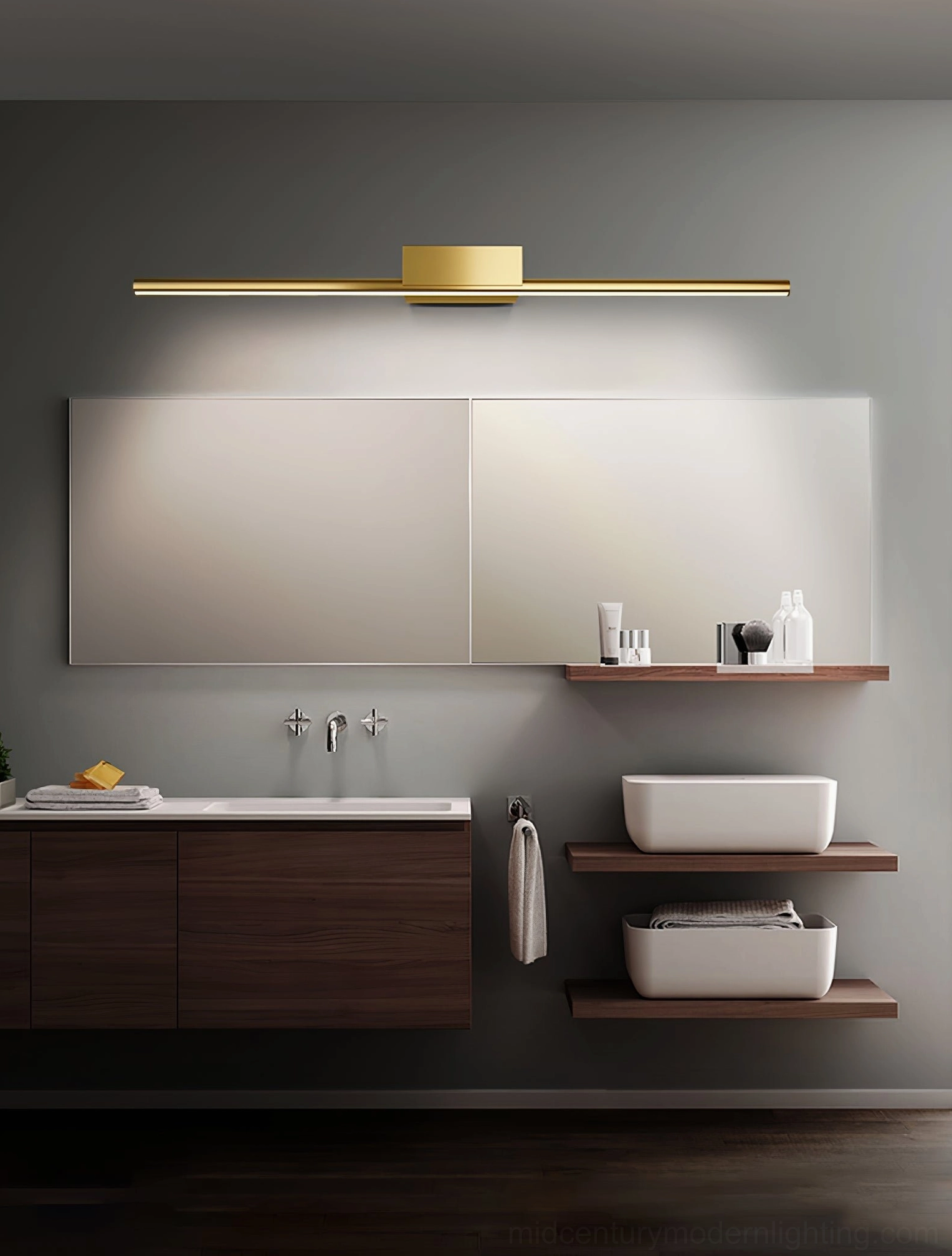 Luxury bathroom with brass linear wall lamp in Model A horizontal size