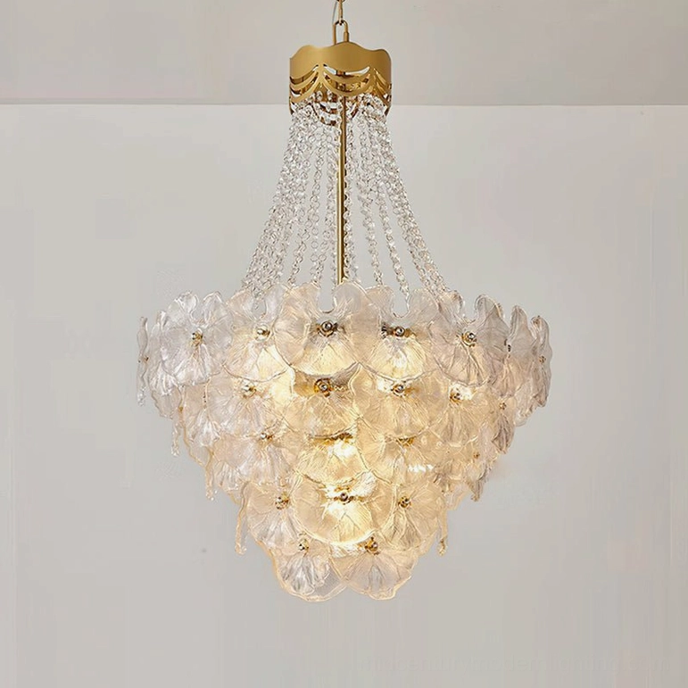 Luxury crystal chandelier displaying cascading octagonal crystal beads and multi-tiered gold metal construction
