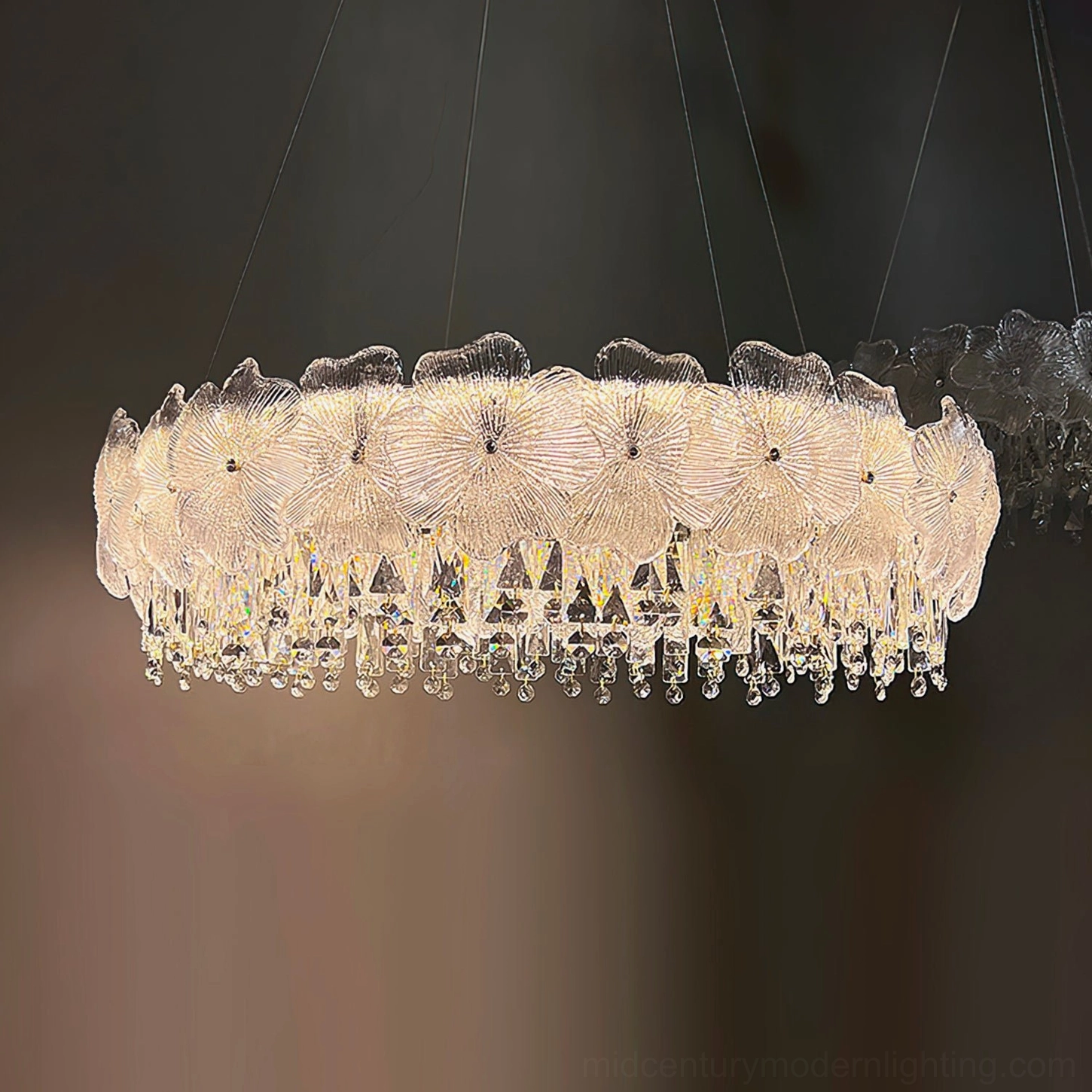 Luxury crystal chandelier double-tier configuration grand ceiling light installation high ceilings architectural design
