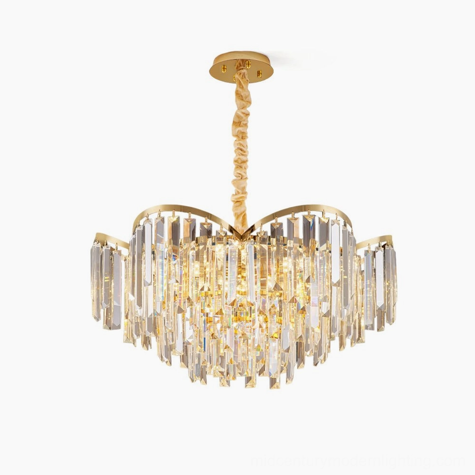 Crystal prism chandelier with scalloped gold frame and cascading clear crystals on white background